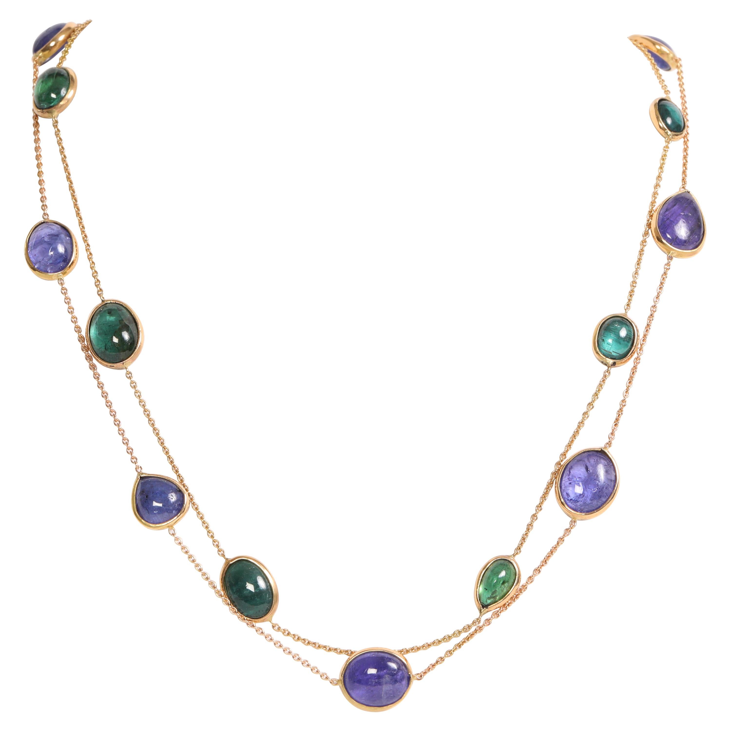 Two Necklaces with Tanzanite and Green Tourmaline Cabochons by Marion Jeantet