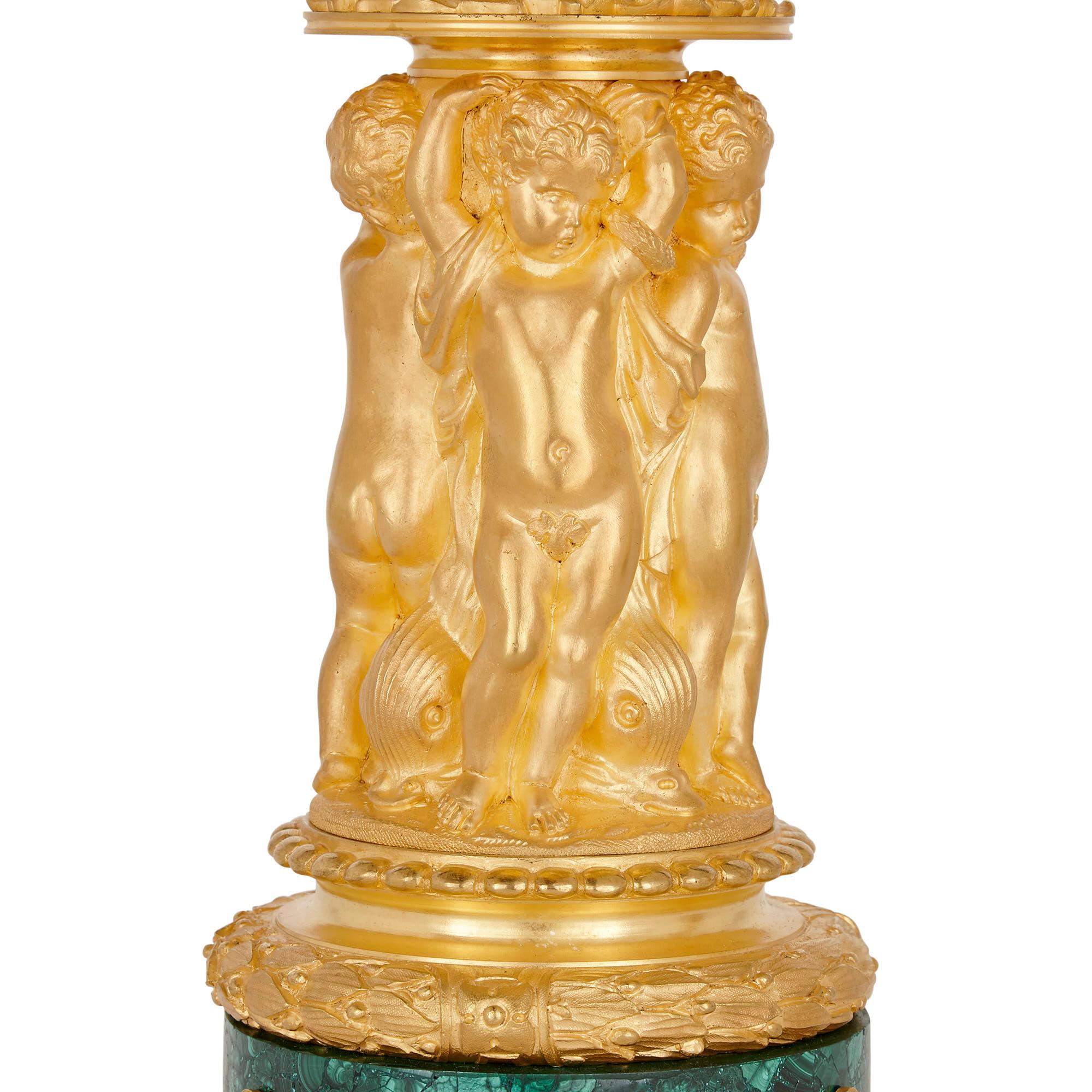 Charles X Two Neoclassical Early 19th Century Malachite and Gilt Bronze Candelabra For Sale