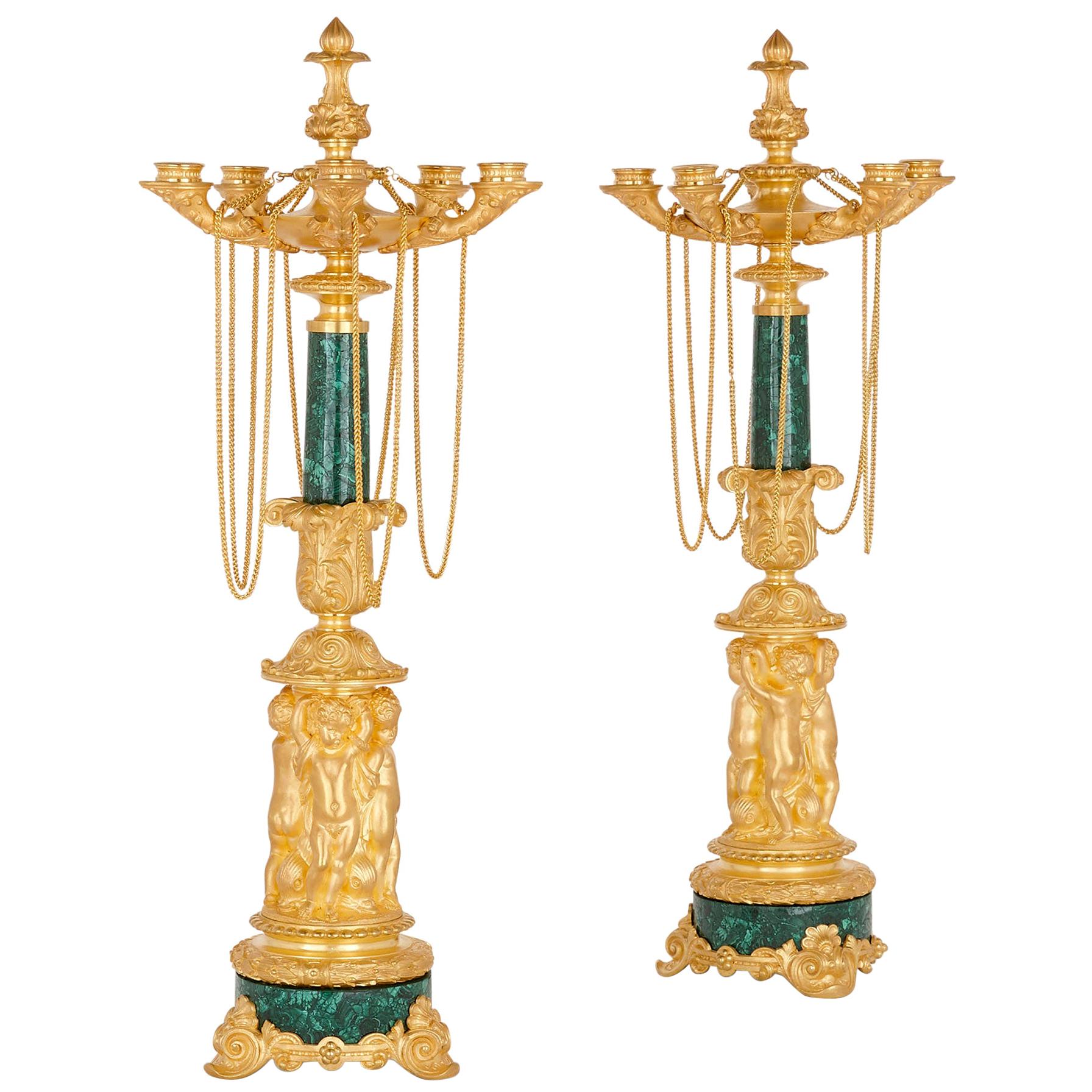 Two Neoclassical Early 19th Century Malachite and Gilt Bronze Candelabra