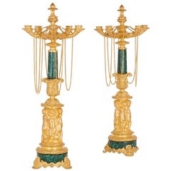 Two Neoclassical Early 19th Century Malachite and Gilt Bronze Candelabra
