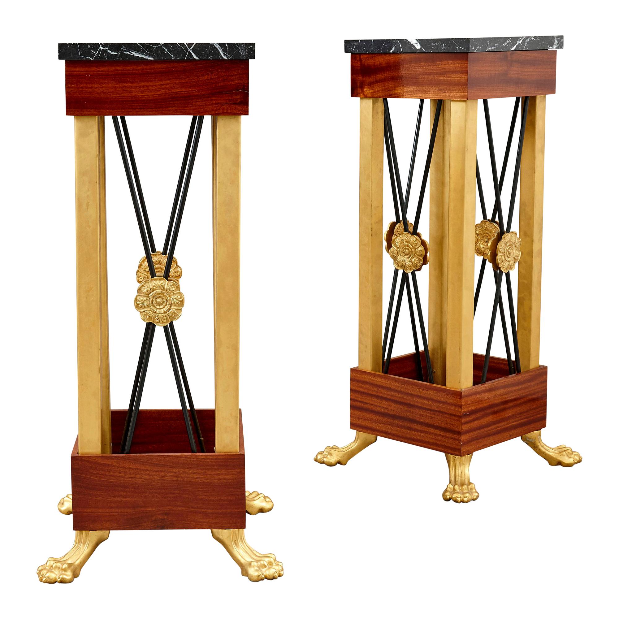 Two Neoclassical Empire Style Bronze and Marble Pedestals For Sale