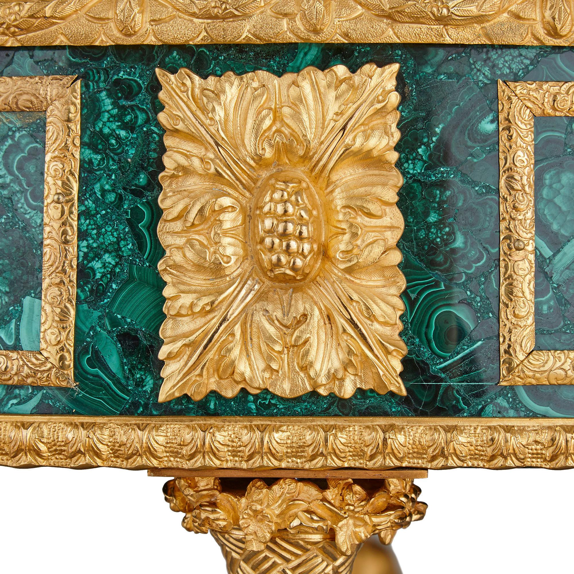 Two Neoclassical Louis XVI Style Malachite and Gilt Bronze Guéridons In Good Condition In London, GB