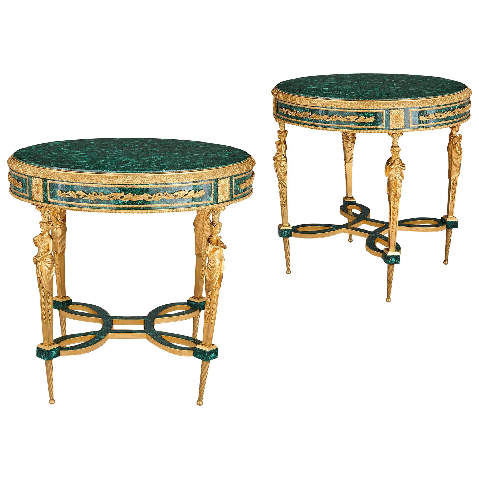 Two Neoclassical Louis XVI Style Malachite and Gilt Bronze Guéridons