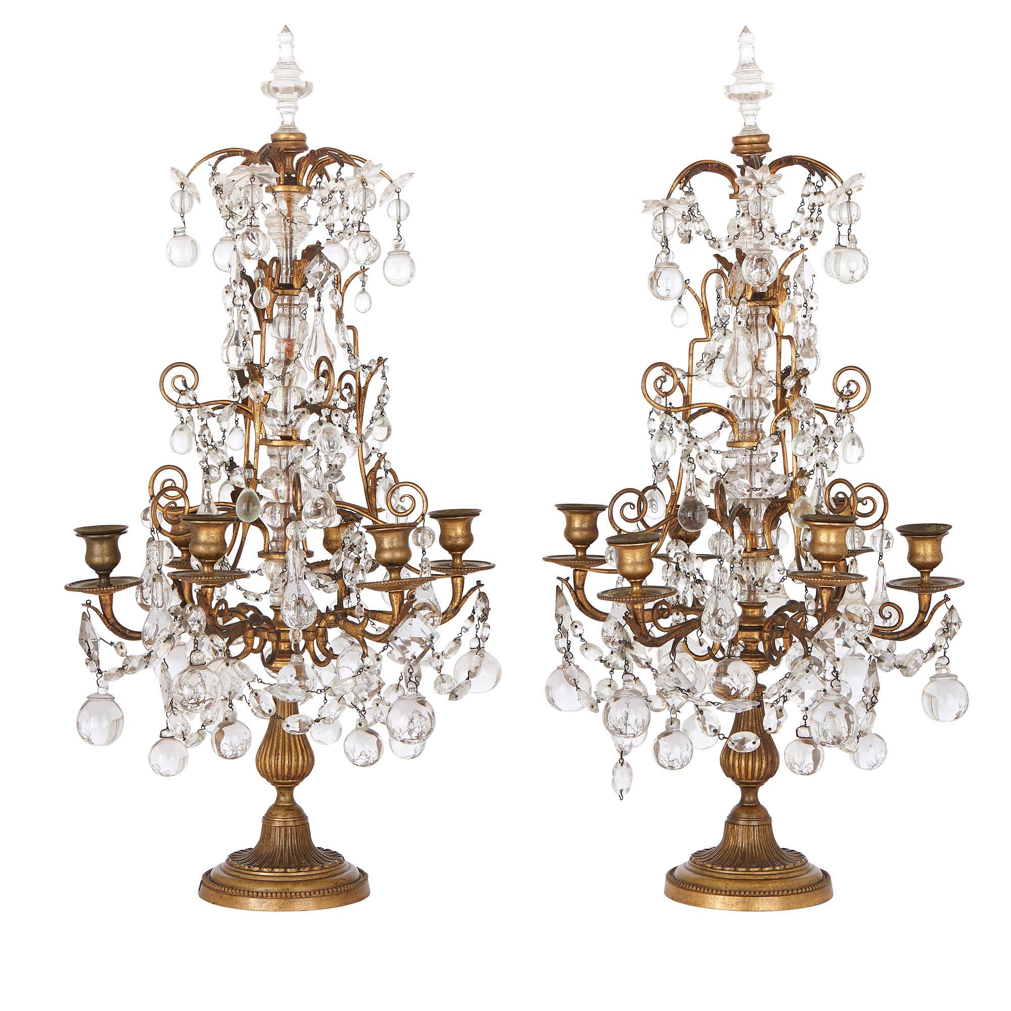 Two Neoclassical Style Gilt Bronze and Cut Glass Candelabra