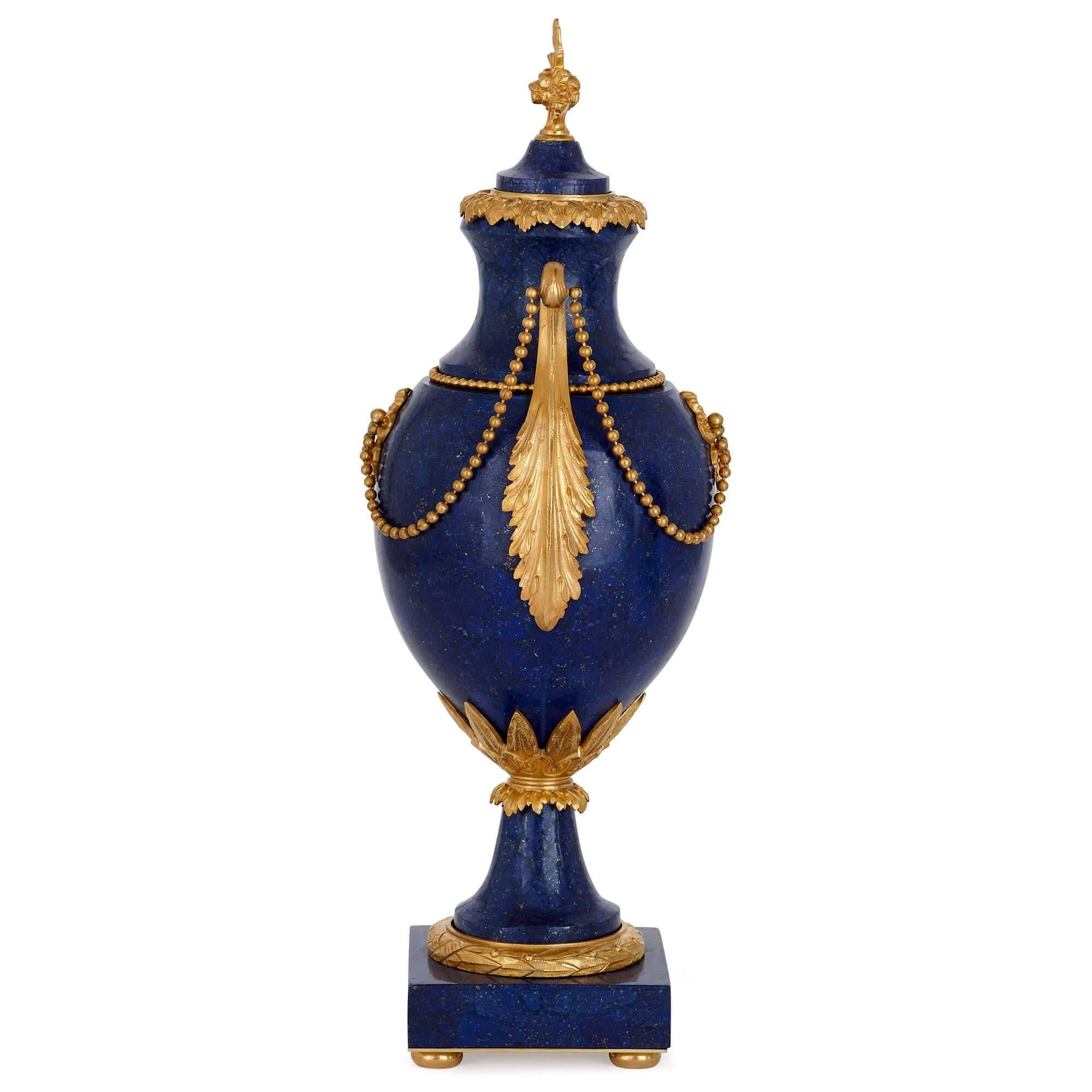 French Two Neoclassical Style Gilt Bronze and Lapis Lazuli Vases