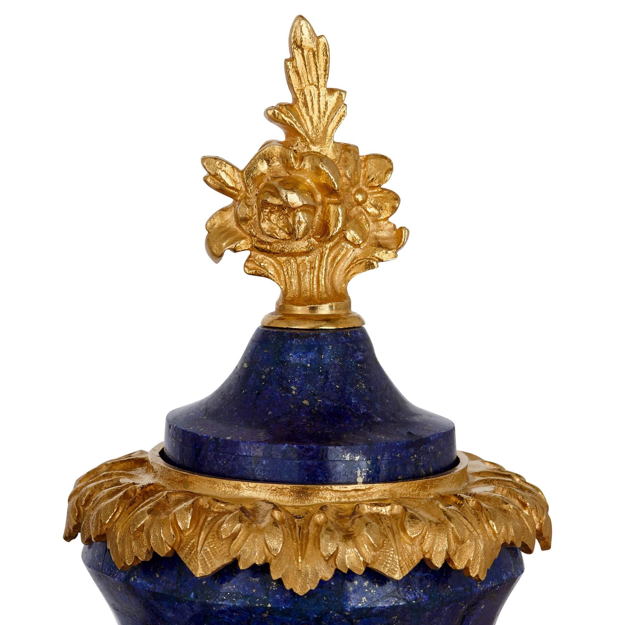 Two Neoclassical Style Gilt Bronze and Lapis Lazuli Vases In Excellent Condition In London, GB