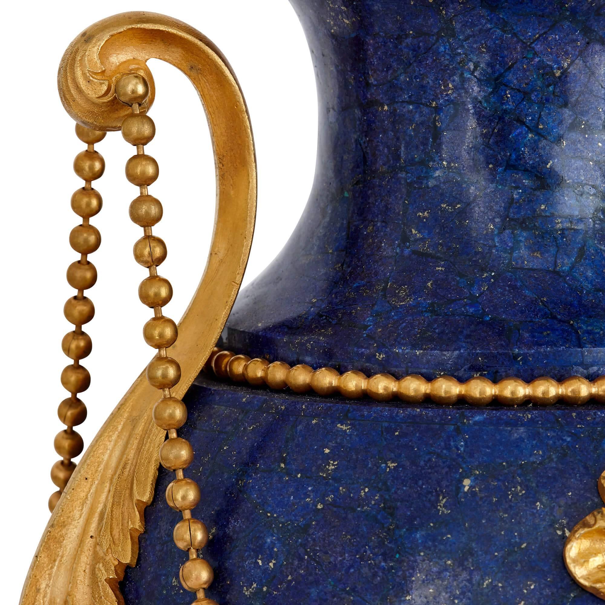 20th Century Two Neoclassical Style Gilt Bronze and Lapis Lazuli Vases
