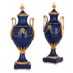 Two Neoclassical Style Gilt Bronze and Lapis Lazuli Vases