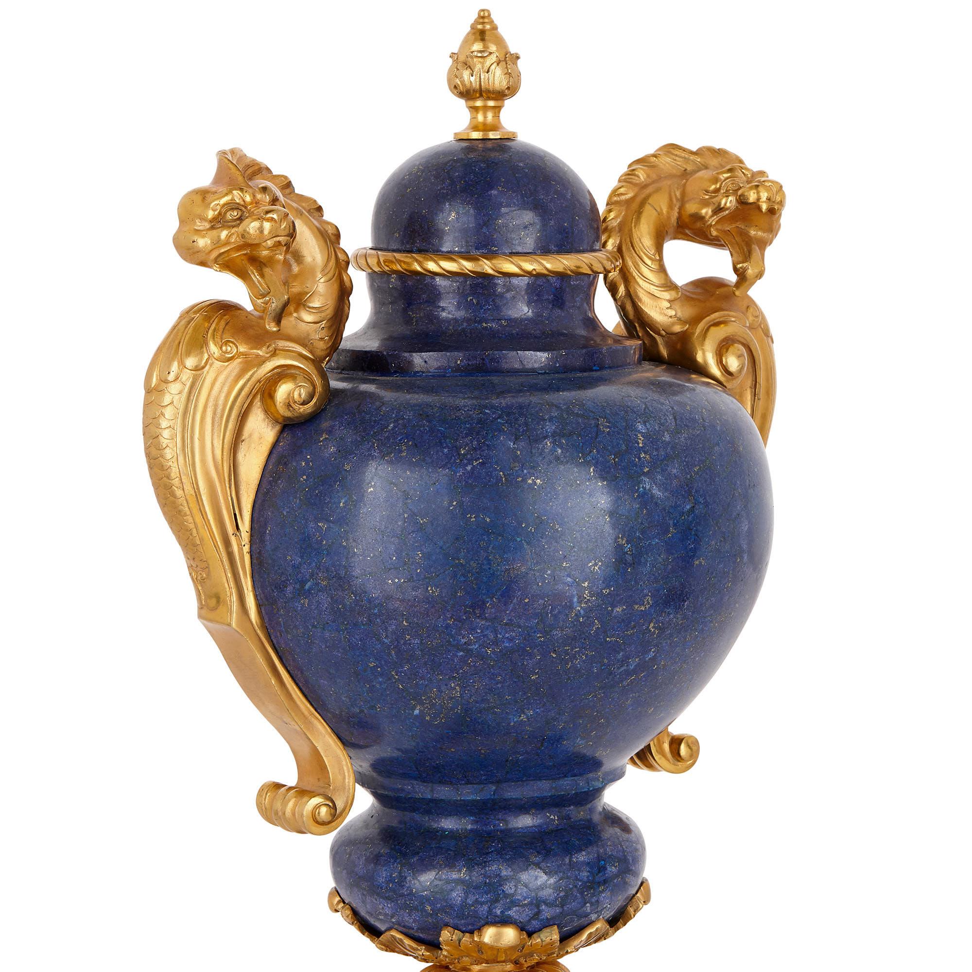 French Two Neoclassical Style Lapis Lazuli and Gilt Bronze Vases
