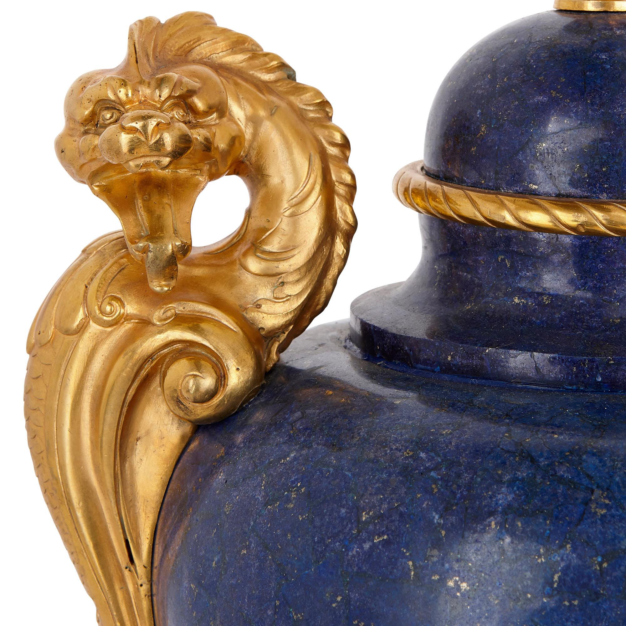 Two Neoclassical Style Lapis Lazuli and Gilt Bronze Vases In Excellent Condition In London, GB