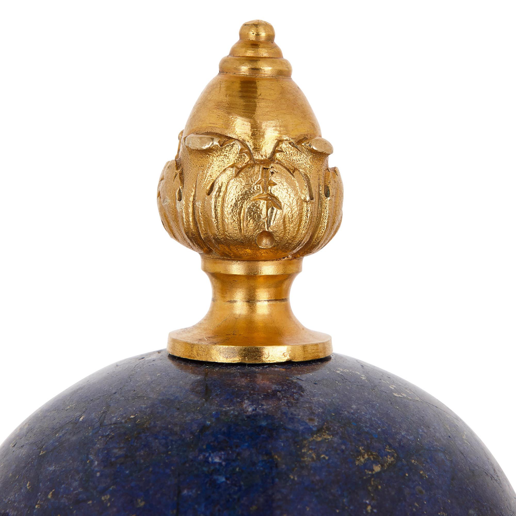 19th Century Two Neoclassical Style Lapis Lazuli and Gilt Bronze Vases