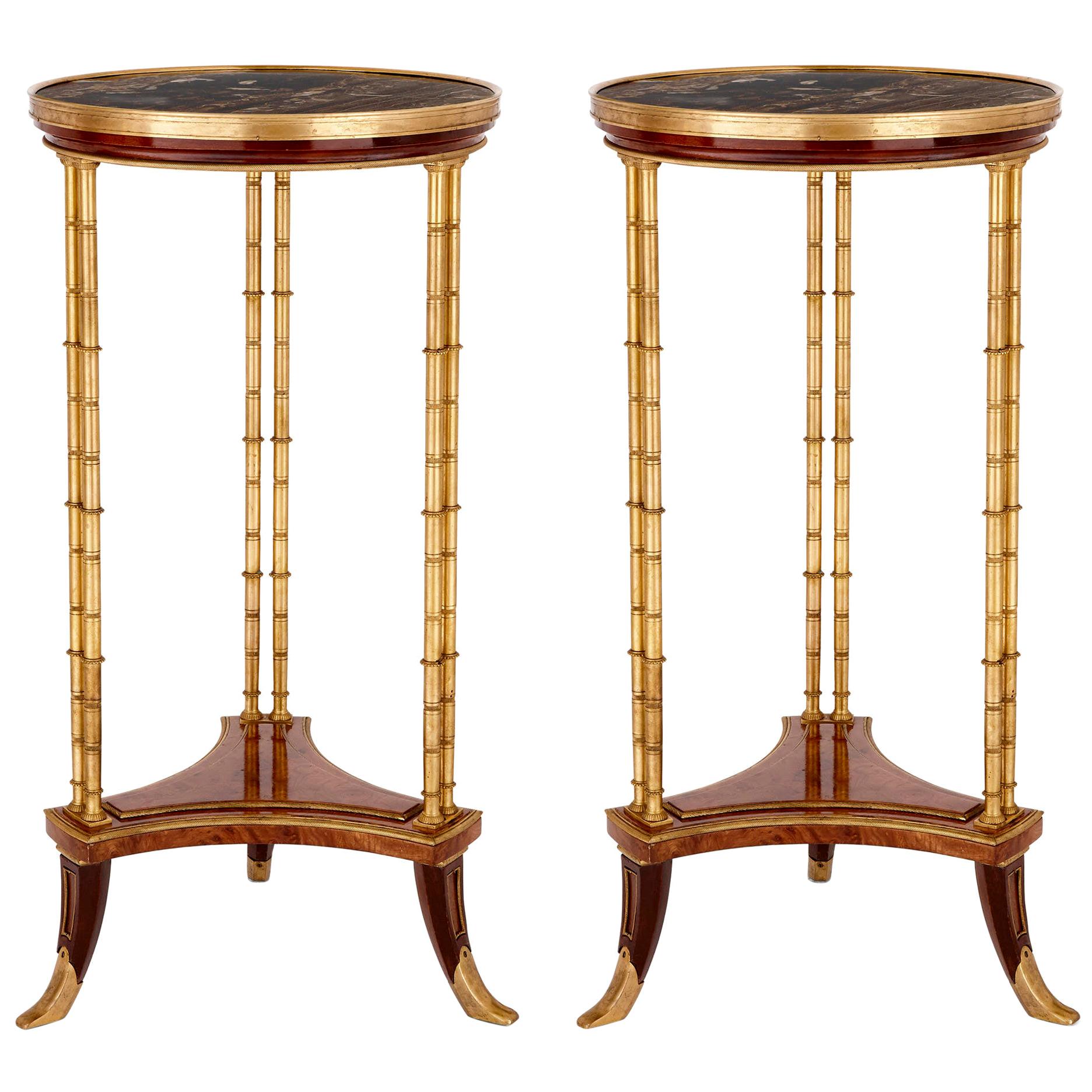 Two Neoclassical Style Marble, Gilt Bronze and Mahogany Side Tables