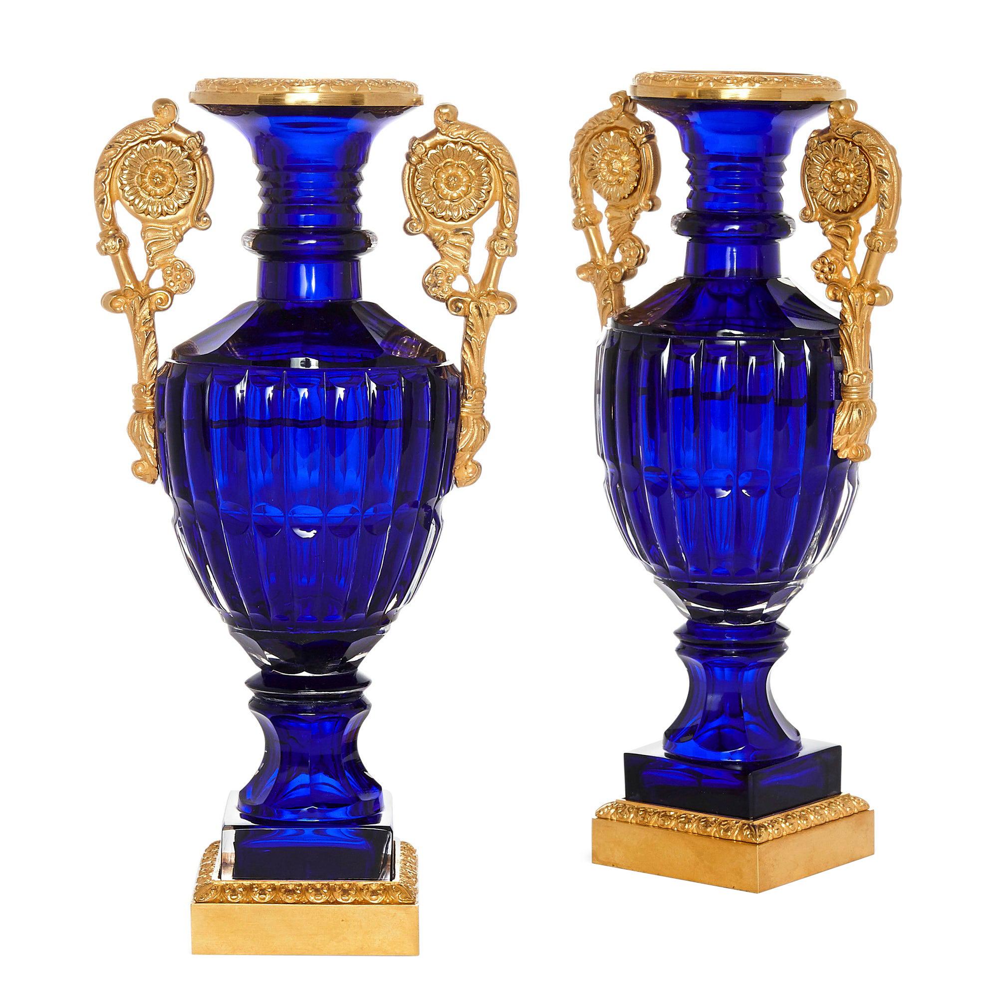 Two Neoclassical Style Russian Cut Glass and Ormolu Vases For Sale