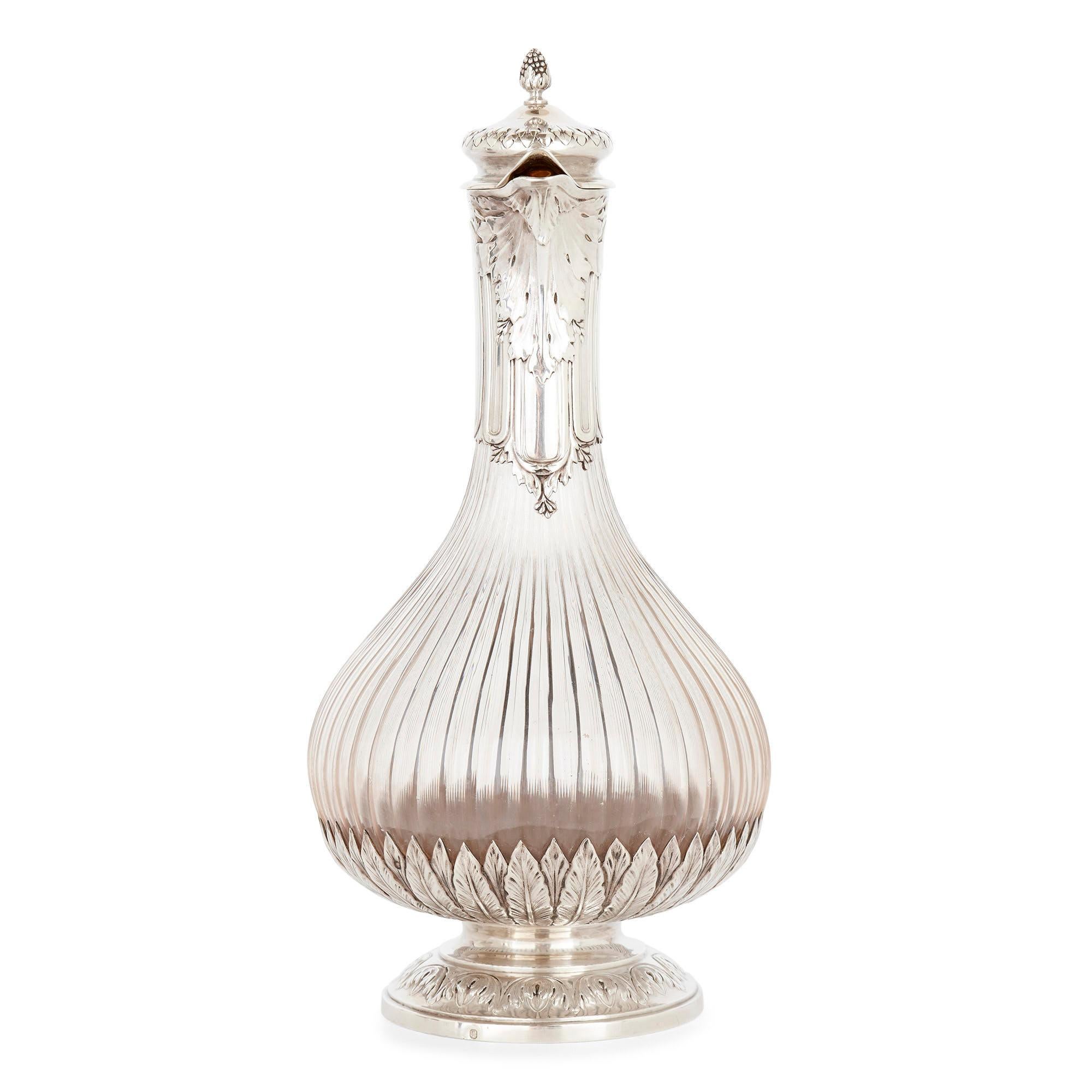 French Two Neoclassical Style Silver and Crystal Claret Jugs
