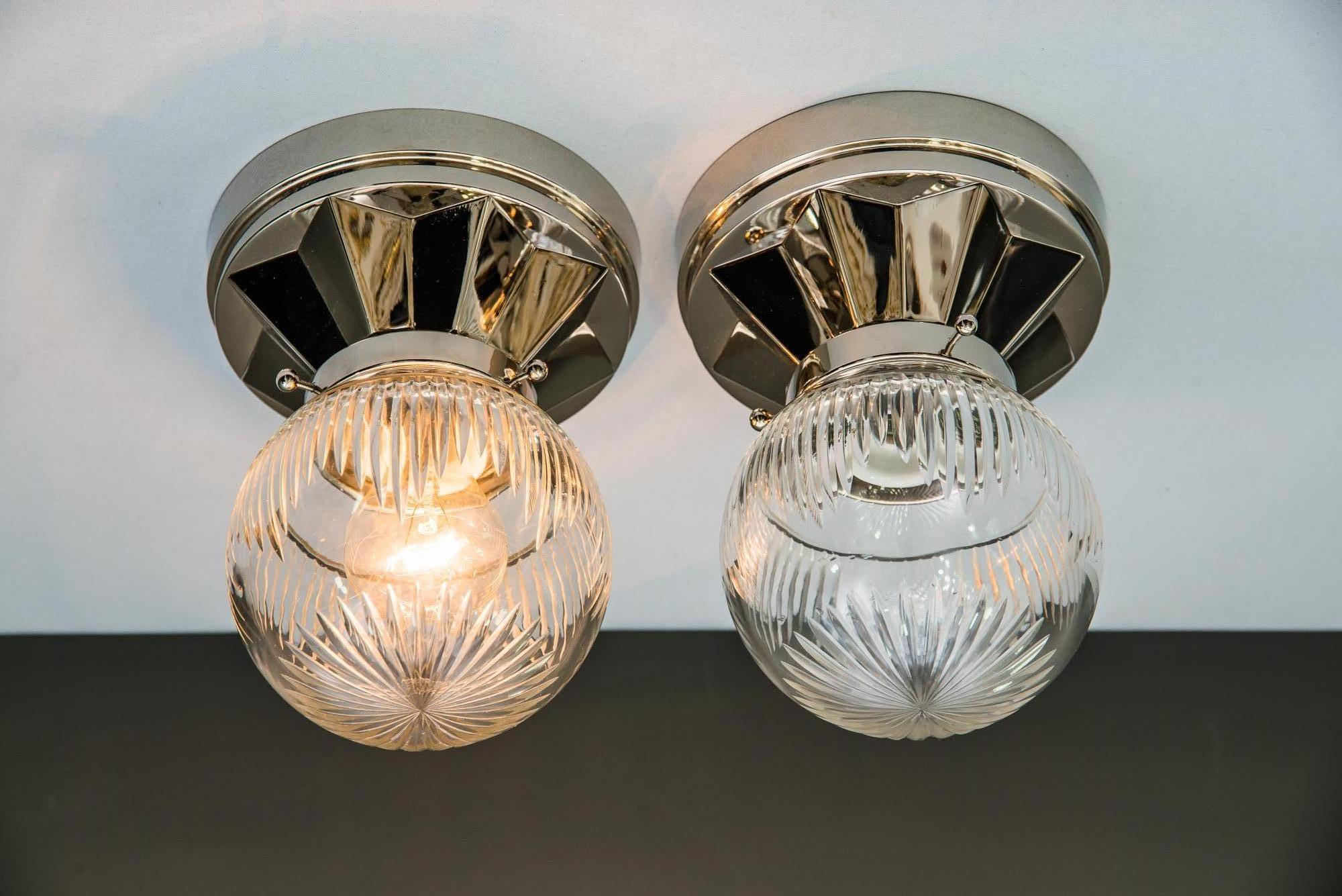 Two nickel plated Art Deco ceiling lamps, circa 1920s
Original old glasses.
