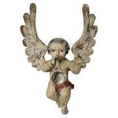 Two 19th Century Carved Wood Angels Cherubim Holding Musical Instruments