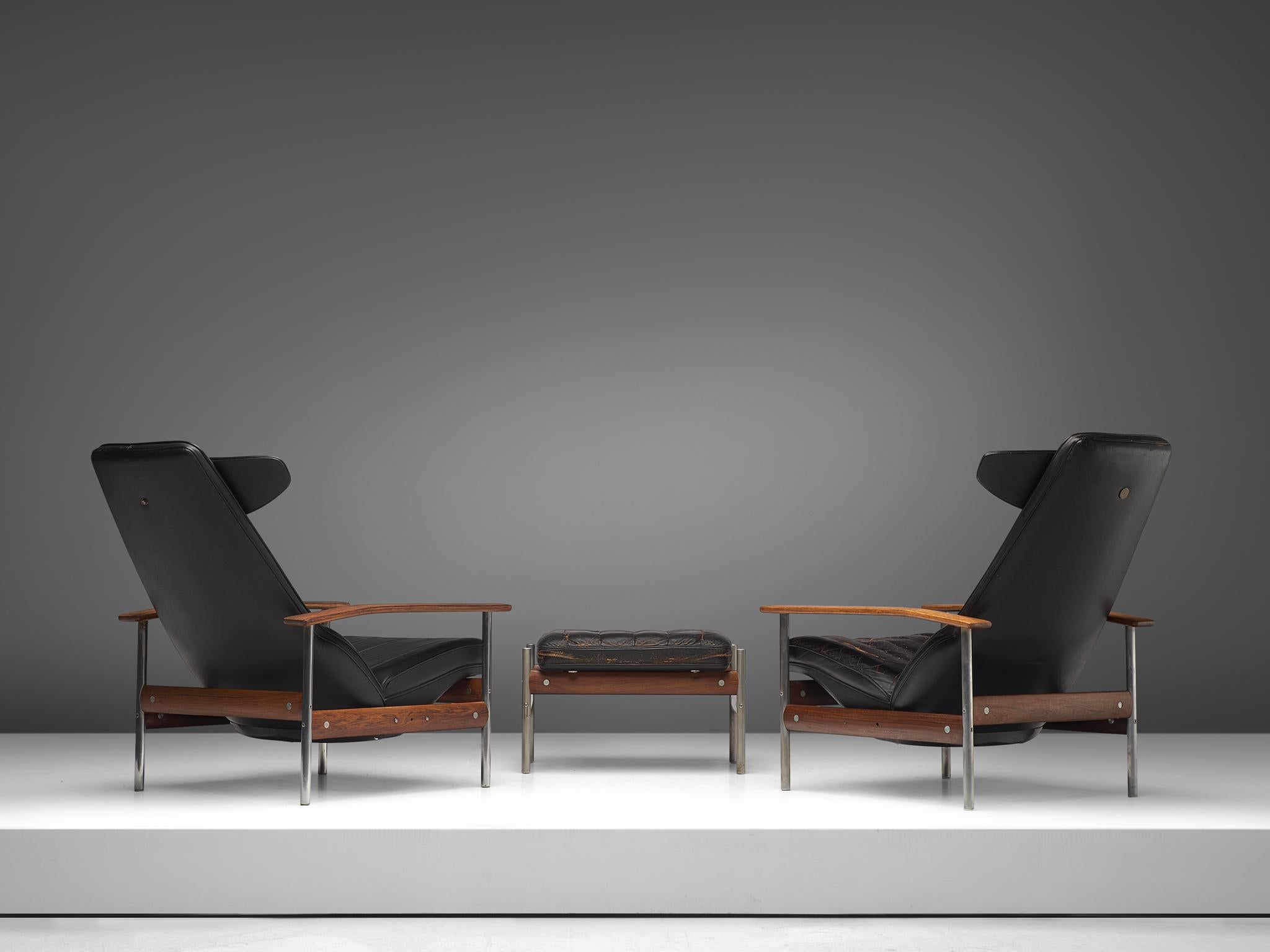 Scandinavian Modern Two Norwegian Lounge Chairs with Ottoman by Sven Ivar Dysthe in Black Leather