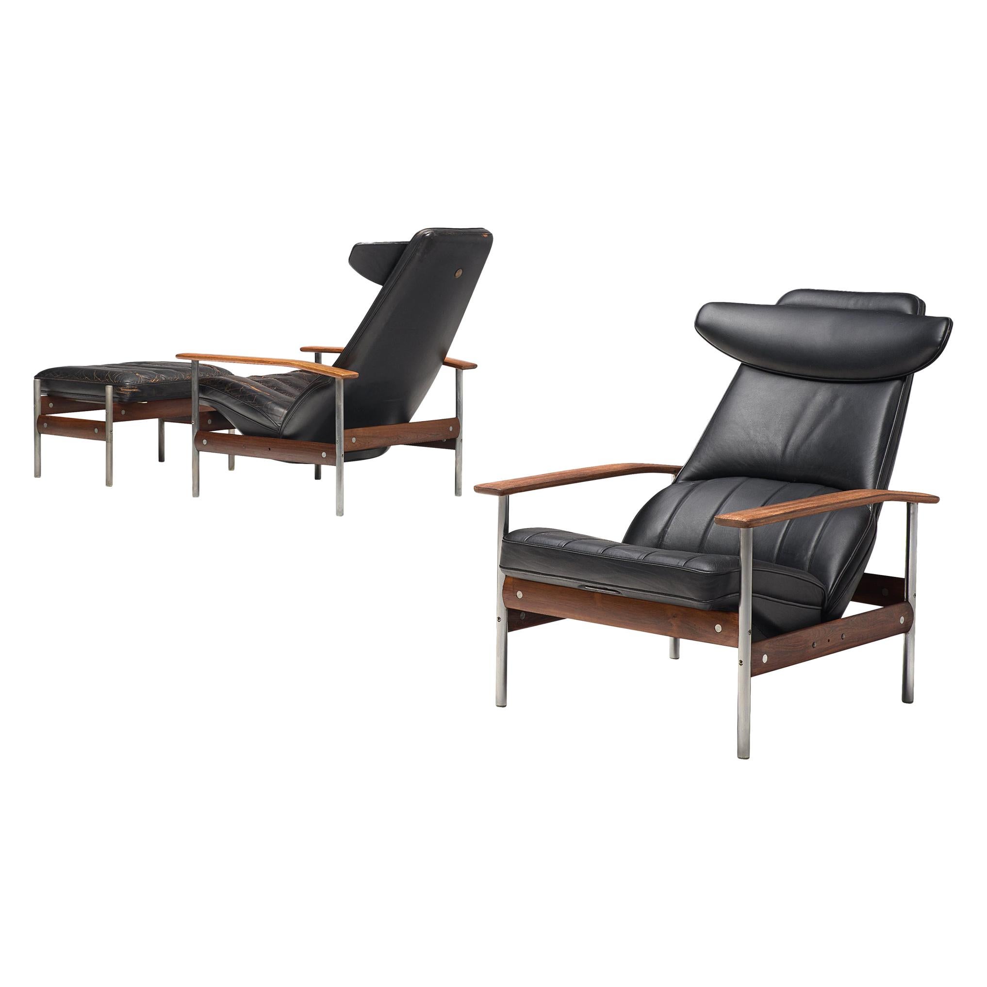 Two Norwegian Lounge Chairs with Ottoman by Sven Ivar Dysthe in Black Leather