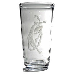 "Two Nude Divers", Rare, Large Engraved Glass Art Deco Vase w/ Male Figures