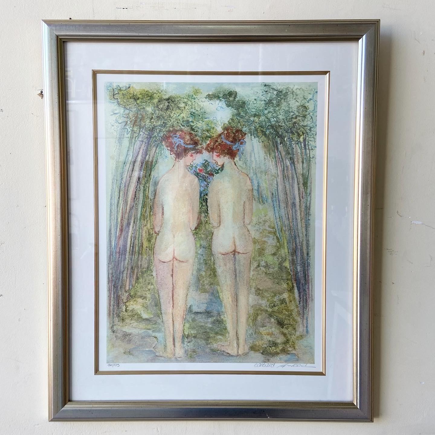 Exceptional framed/signed print by Barbara A Wood. Subject is two nude girls walking side by side in the forest.
  