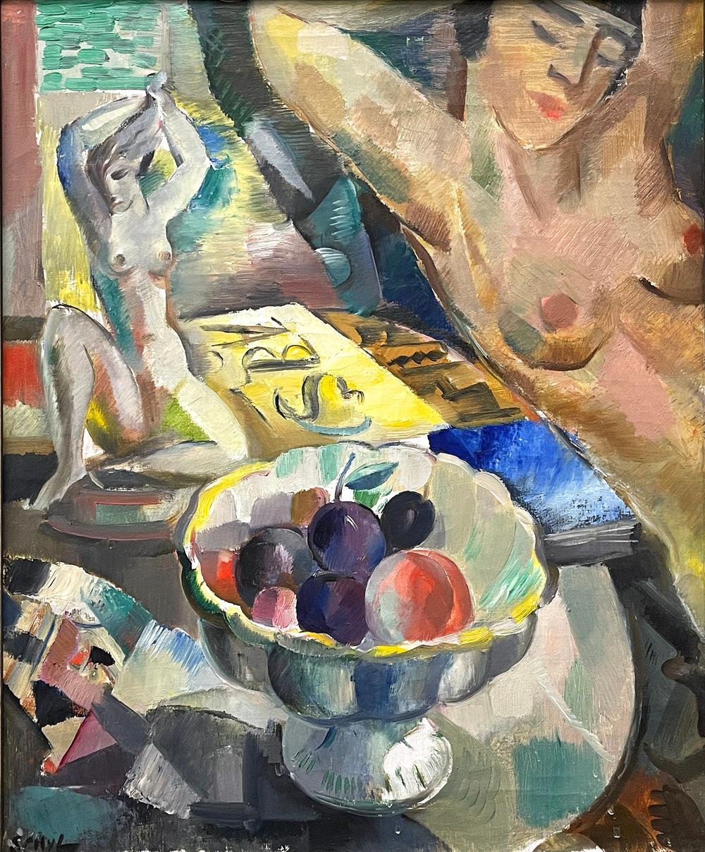 In our opinion, the finest work ever painted by Jules Schyl, one of Sweden's leading Modernists in the 1920s and 1930s, this spectacular piece depicts a female nude in the upper right quadrant, accompanied by a tabletop scene incorporating a nude