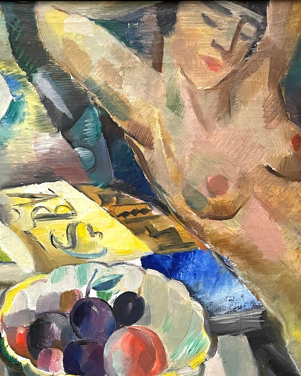 Suédois « Deux nus et un bol de fruits », magistrale peinture à l'huile Art déco d'influence cubiste en vente