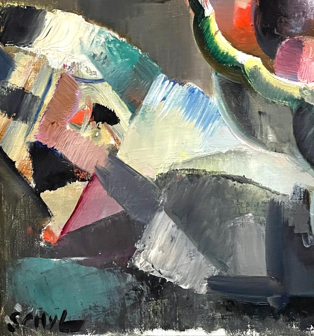 Début du 20ème siècle « Deux nus et un bol de fruits », magistrale peinture à l'huile Art déco d'influence cubiste en vente