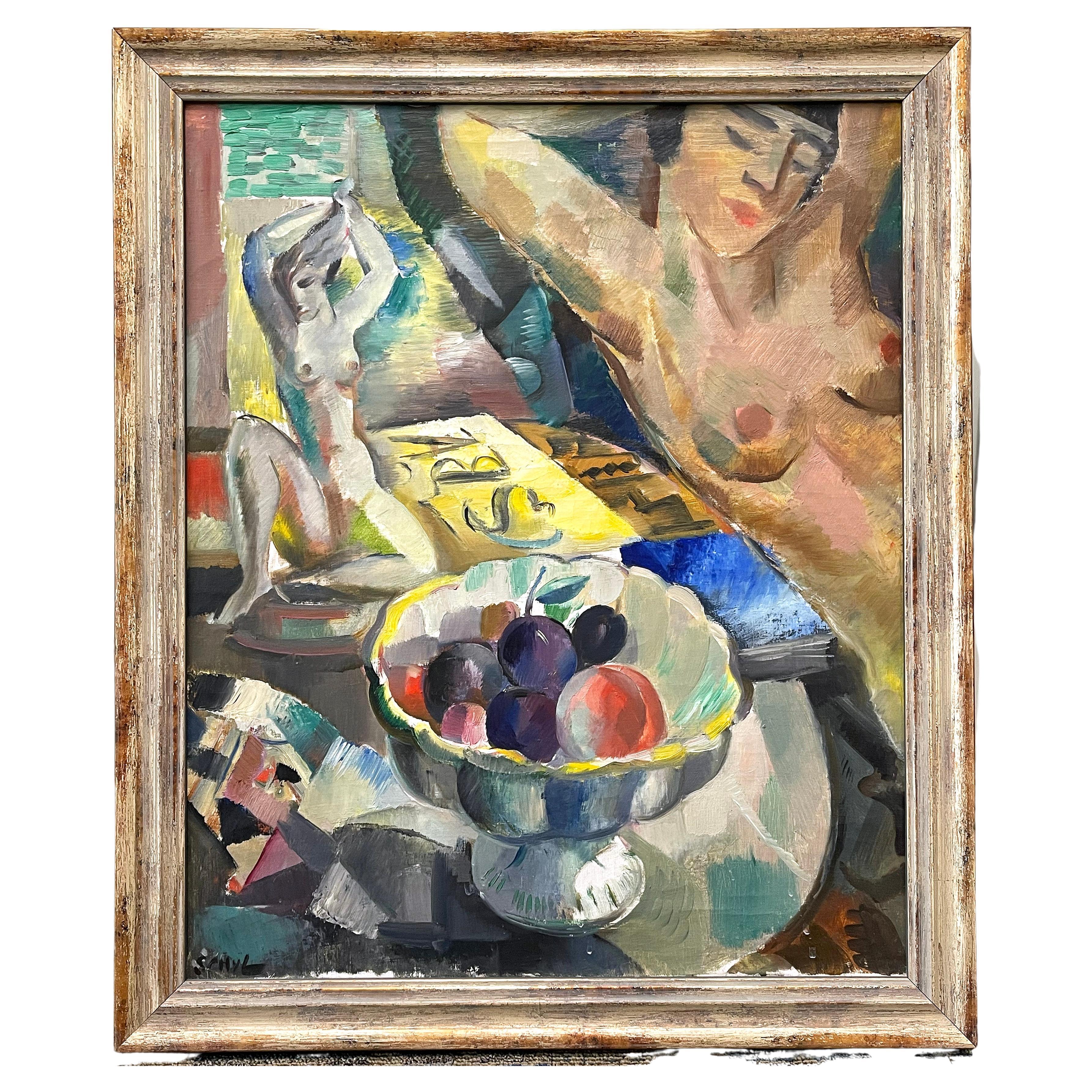 "Two Nudes and Bowl of Fruit, " Masterful Cubist-Influenced Art Deco Oil Painting For Sale