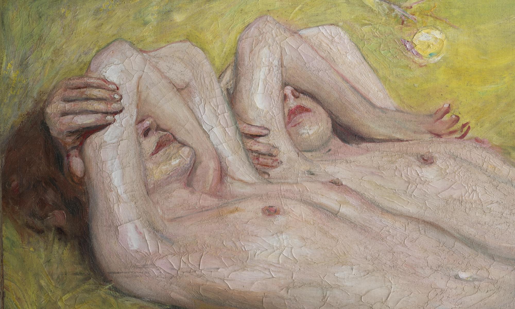 Oil on canvas painting of two reclining nudes with their faces covered. Original painted oak frame. Signed M.H.S.
