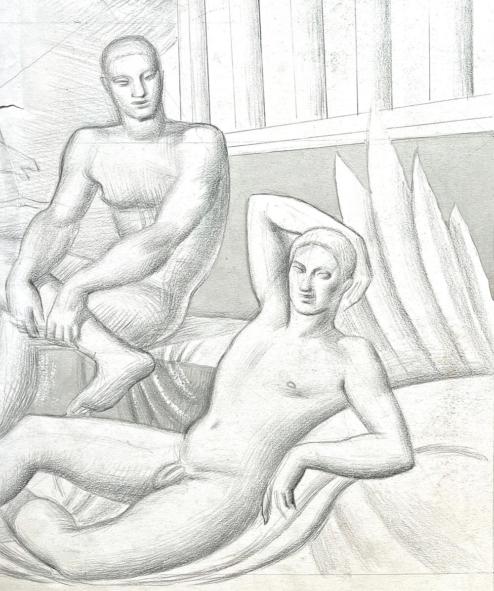 Beautifully drawn, clearly by an important artist, this depiction of two nude male figures sitting in the foreground of a columned facade -- perhaps alluding to the Classical sculpture of ancient Greece -- is not signed, perhaps due to the subtly