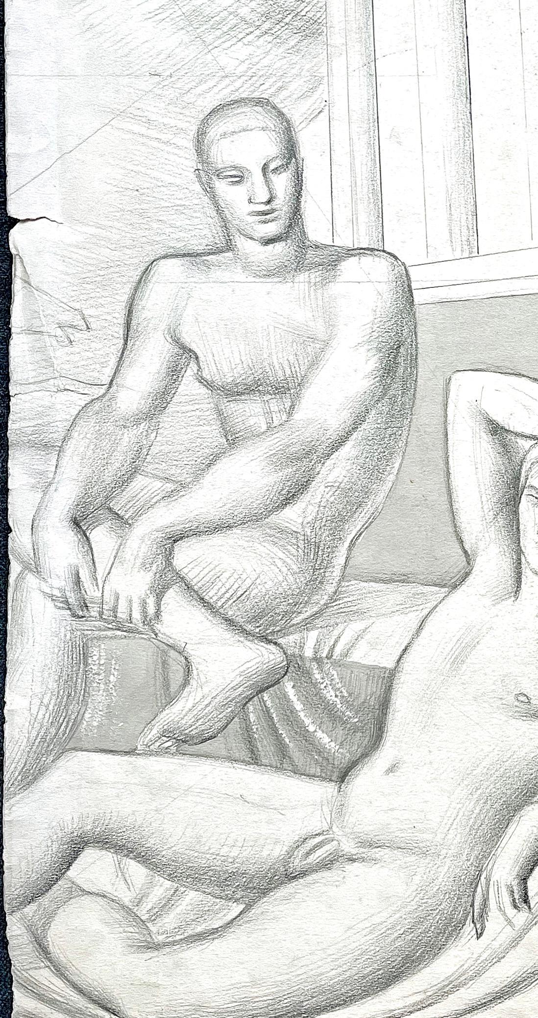 Art déco « Two Nudes with Columned Facade », dessin Art Déco avec nus masculins, Angleterre en vente