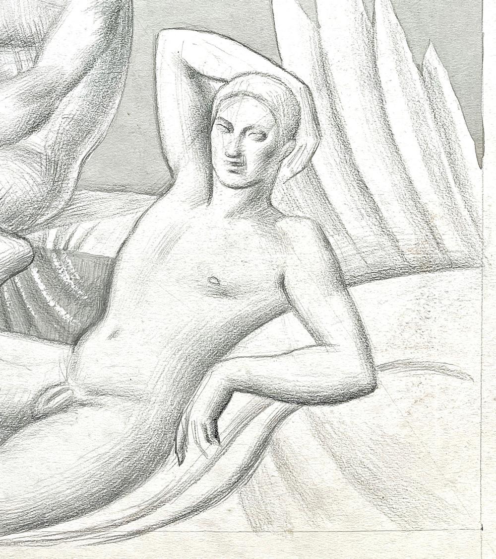 Britannique « Two Nudes with Columned Facade », dessin Art Déco avec nus masculins, Angleterre en vente