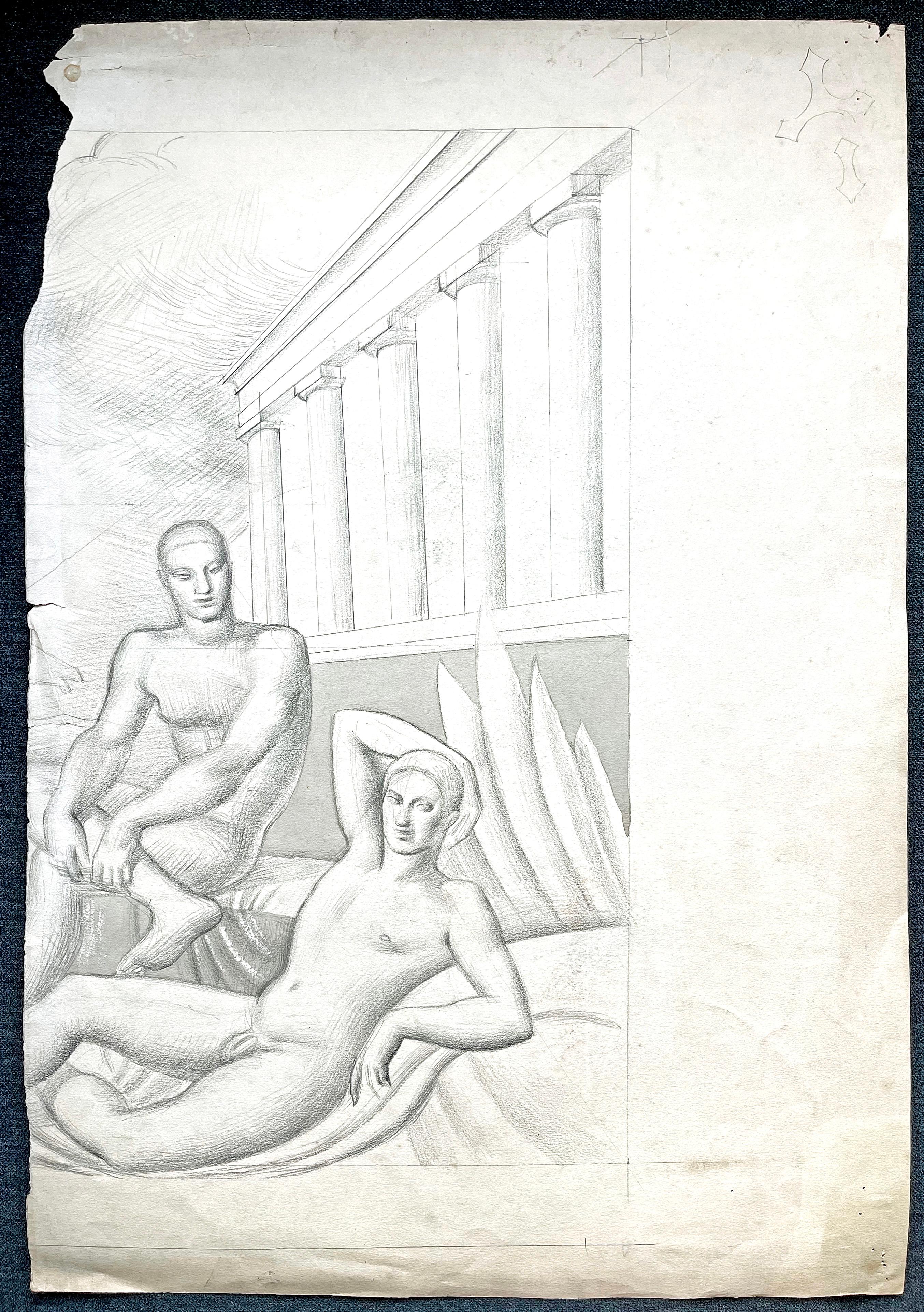 Milieu du XXe siècle « Two Nudes with Columned Facade », dessin Art Déco avec nus masculins, Angleterre en vente