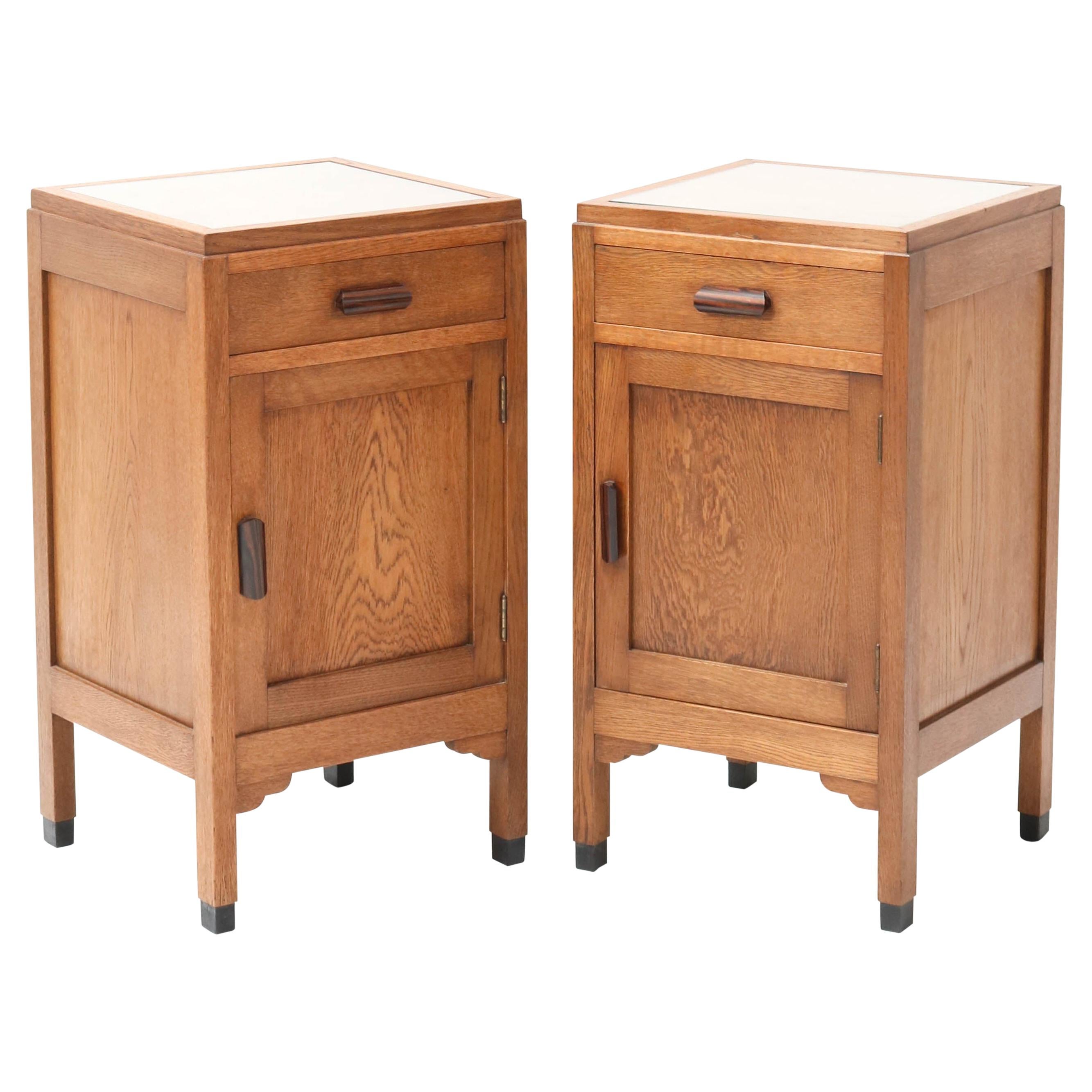 Two Oak Art Deco Amsterdam School Nightstand or Bedside Tables by Fa. Drilling