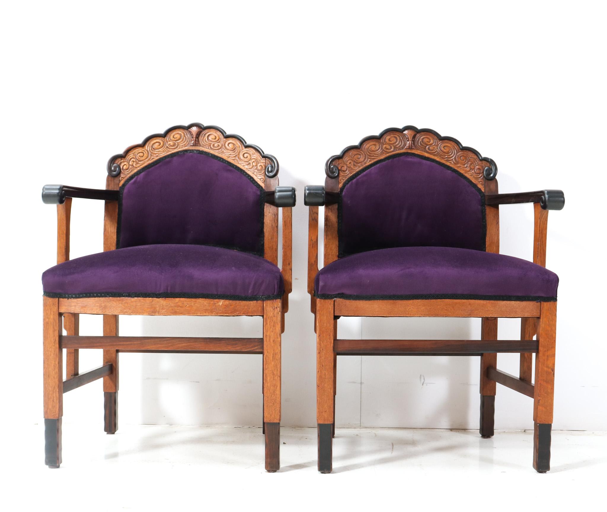 Early 20th Century Two Oak Art Deco Amsterdamse School Armchairs, 1920s For Sale