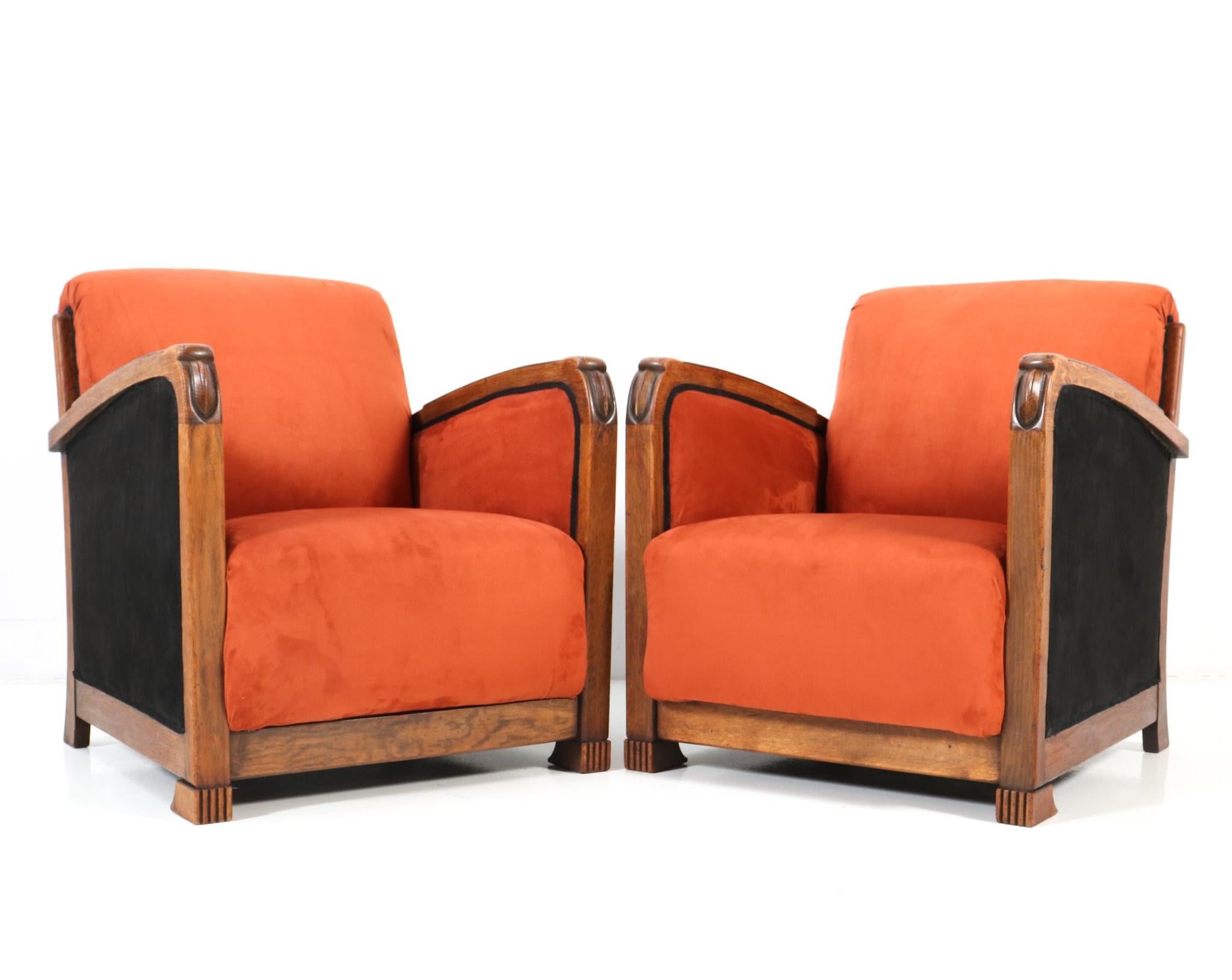 Velvet Two Oak Art Deco Amsterdamse School Lounge Chairs, 1920s