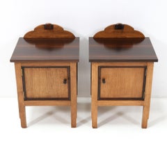 Two Oak Art Deco Amsterdamse School Nightstands or Bedside Tables, 1920s