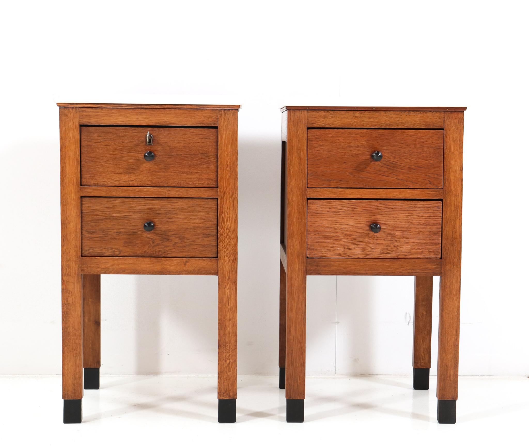 Dutch Two Oak Art Deco Amsterdamse School Nightstands or Bedside Tables, 1920s