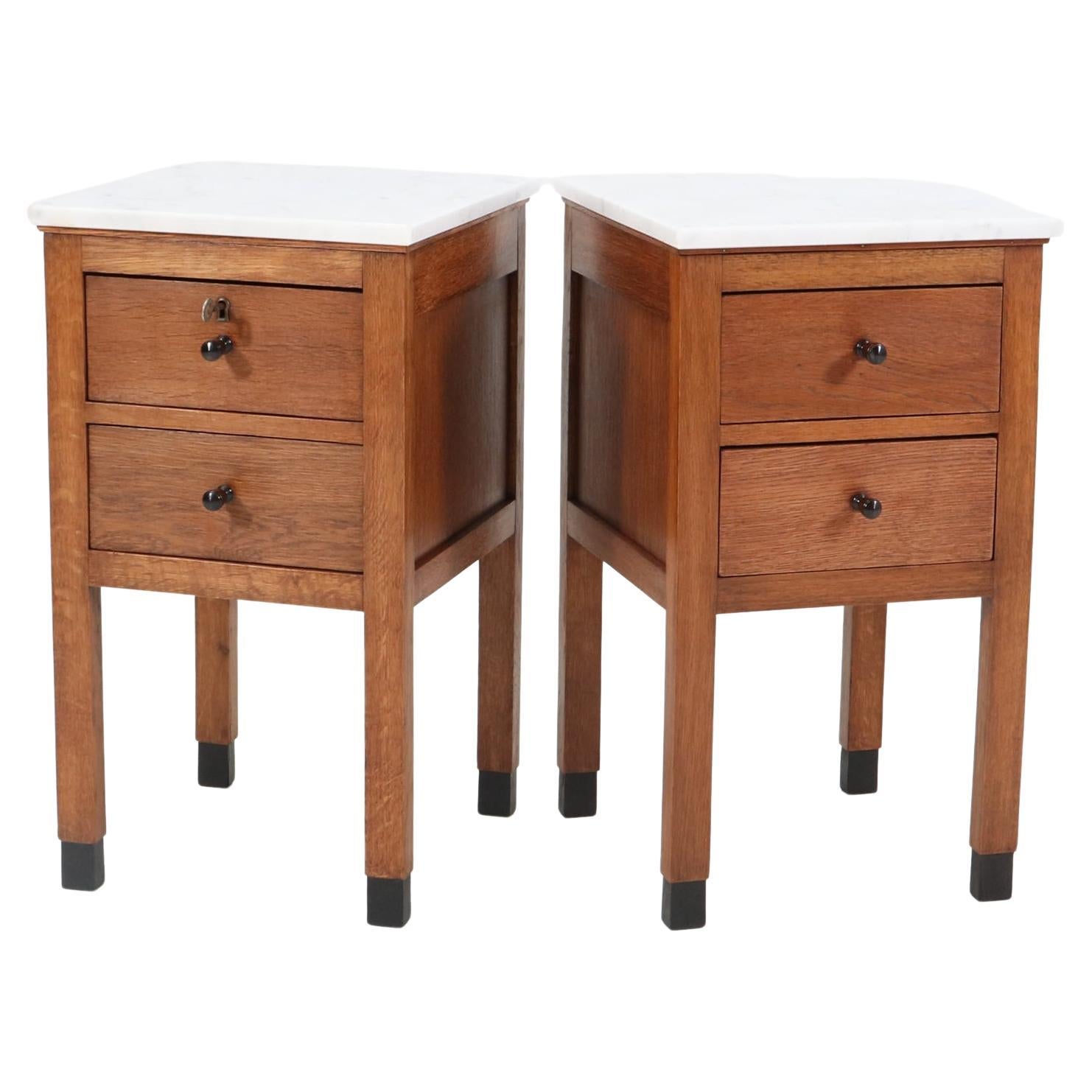 Two Oak Art Deco Amsterdamse School Nightstands or Bedside Tables, 1920s