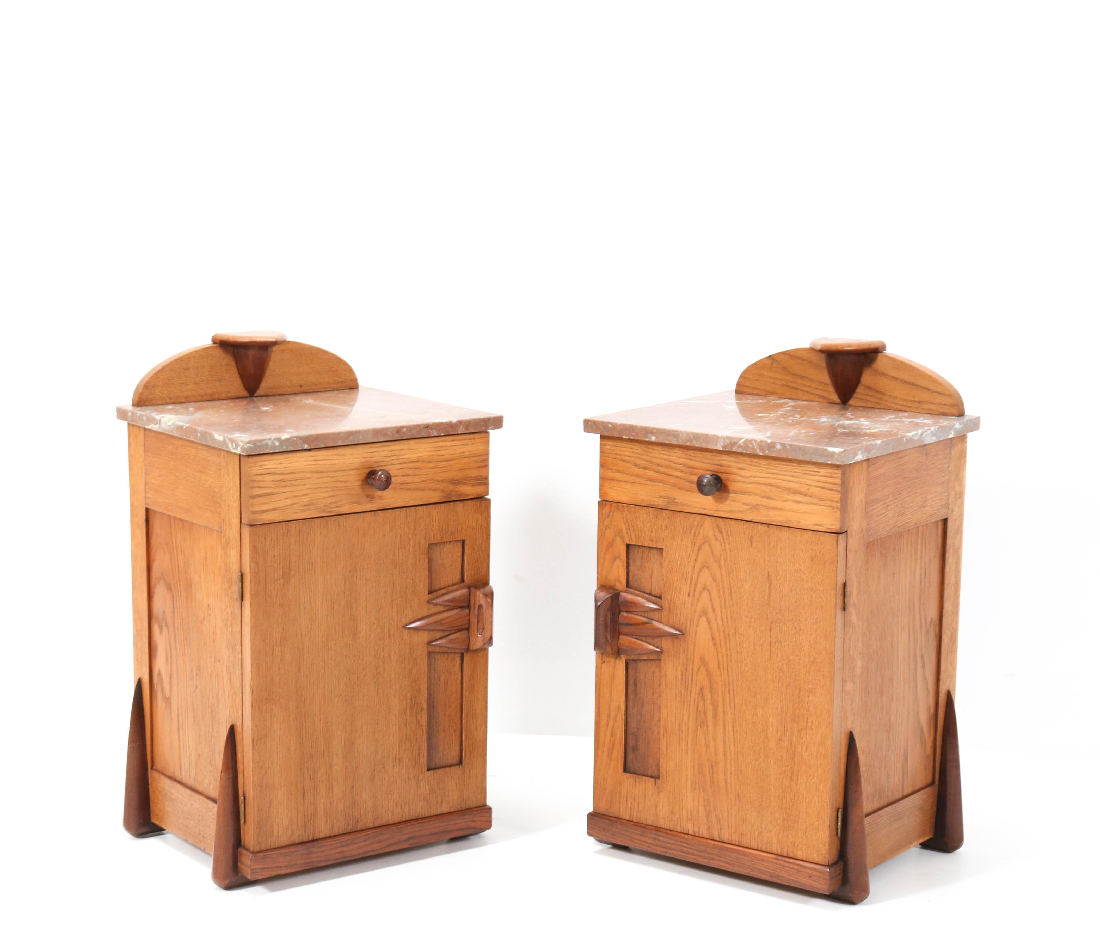 Dutch Two Oak Art Deco Amsterdamse School Nightstands or Bedside Tables by Max Coini