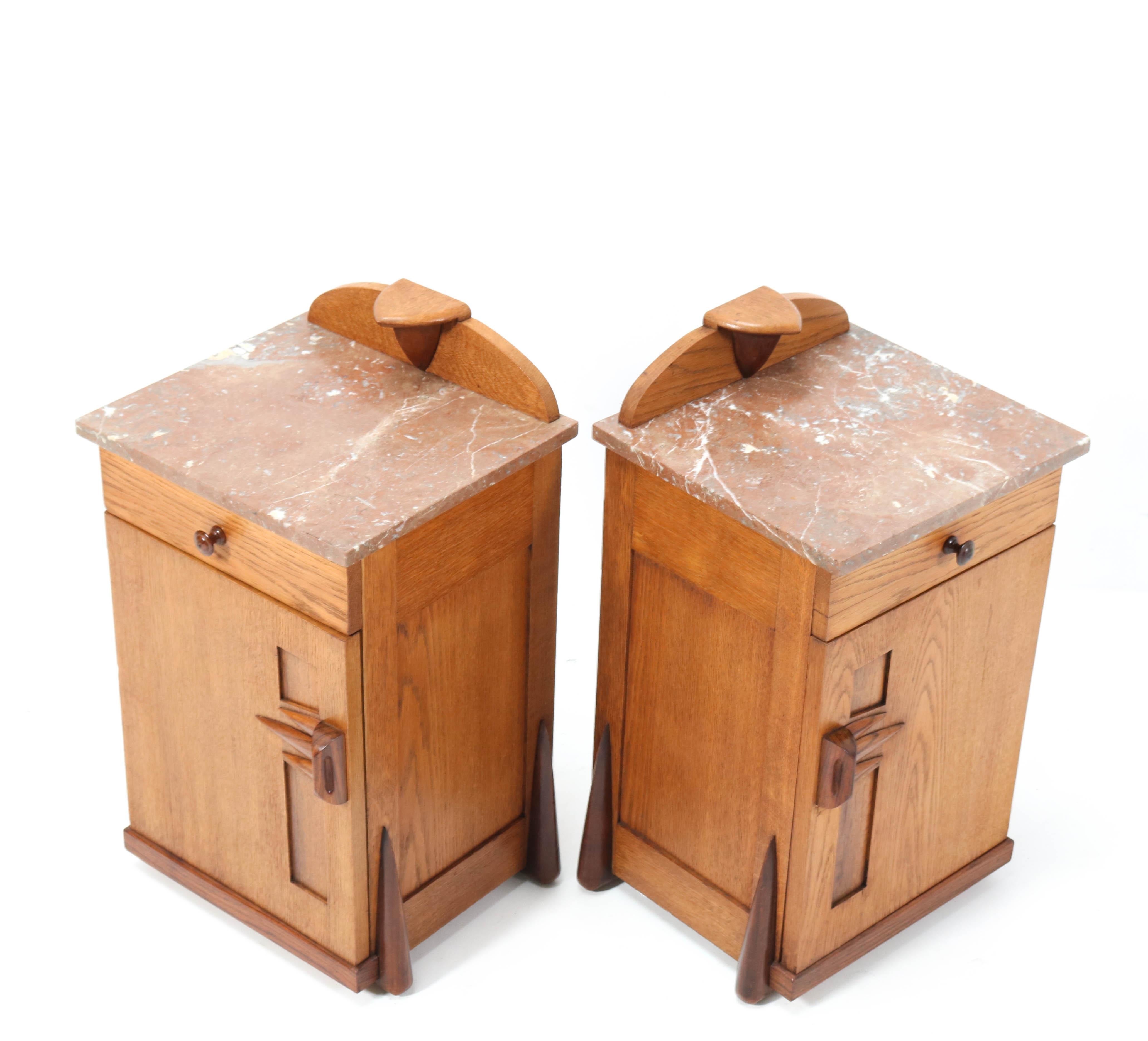 Two Oak Art Deco Amsterdamse School Nightstands or Bedside Tables by Max Coini 3
