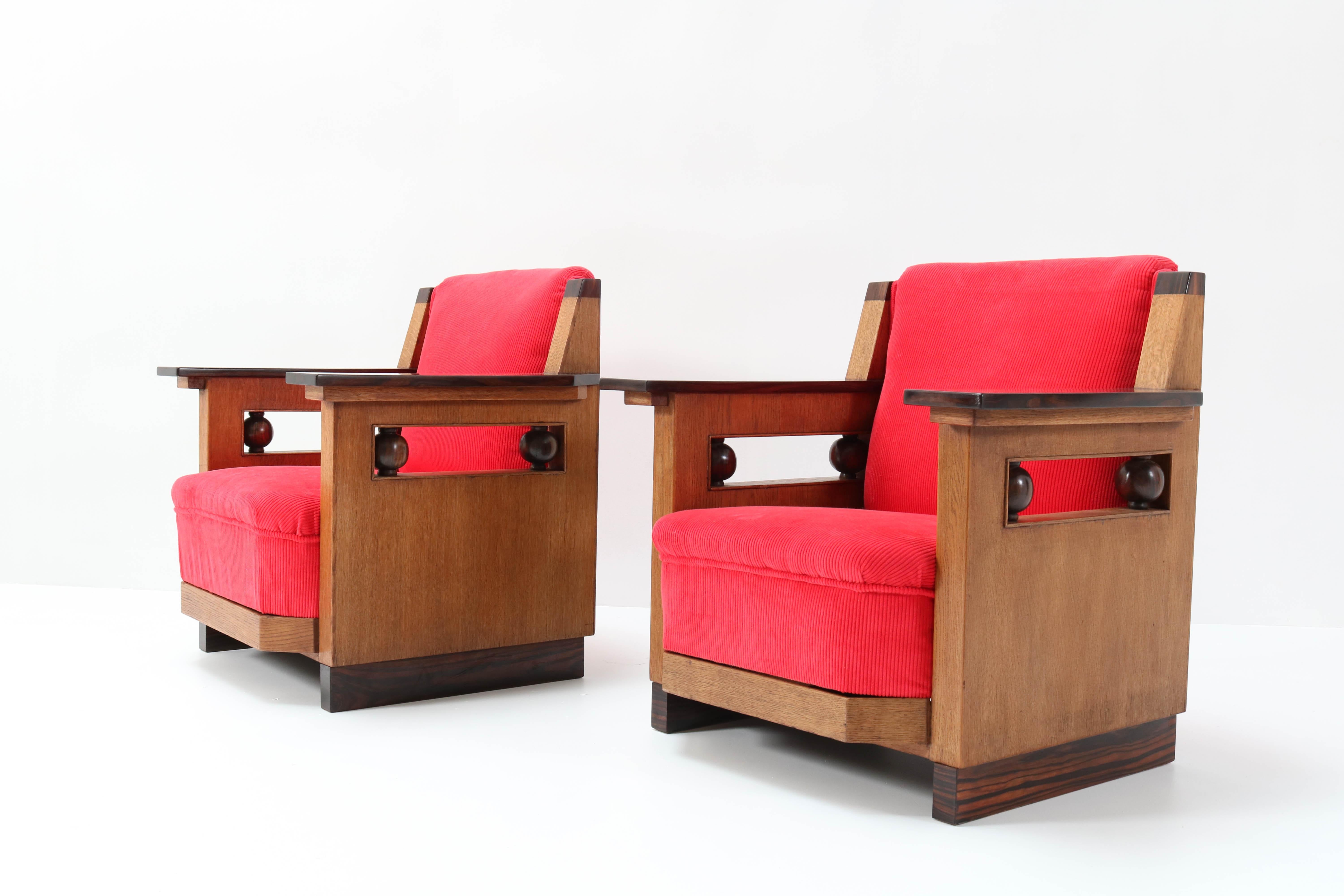 Fabric Two Oak Art Deco Haagse School Club Chairs by Anton Lucas, 1920s