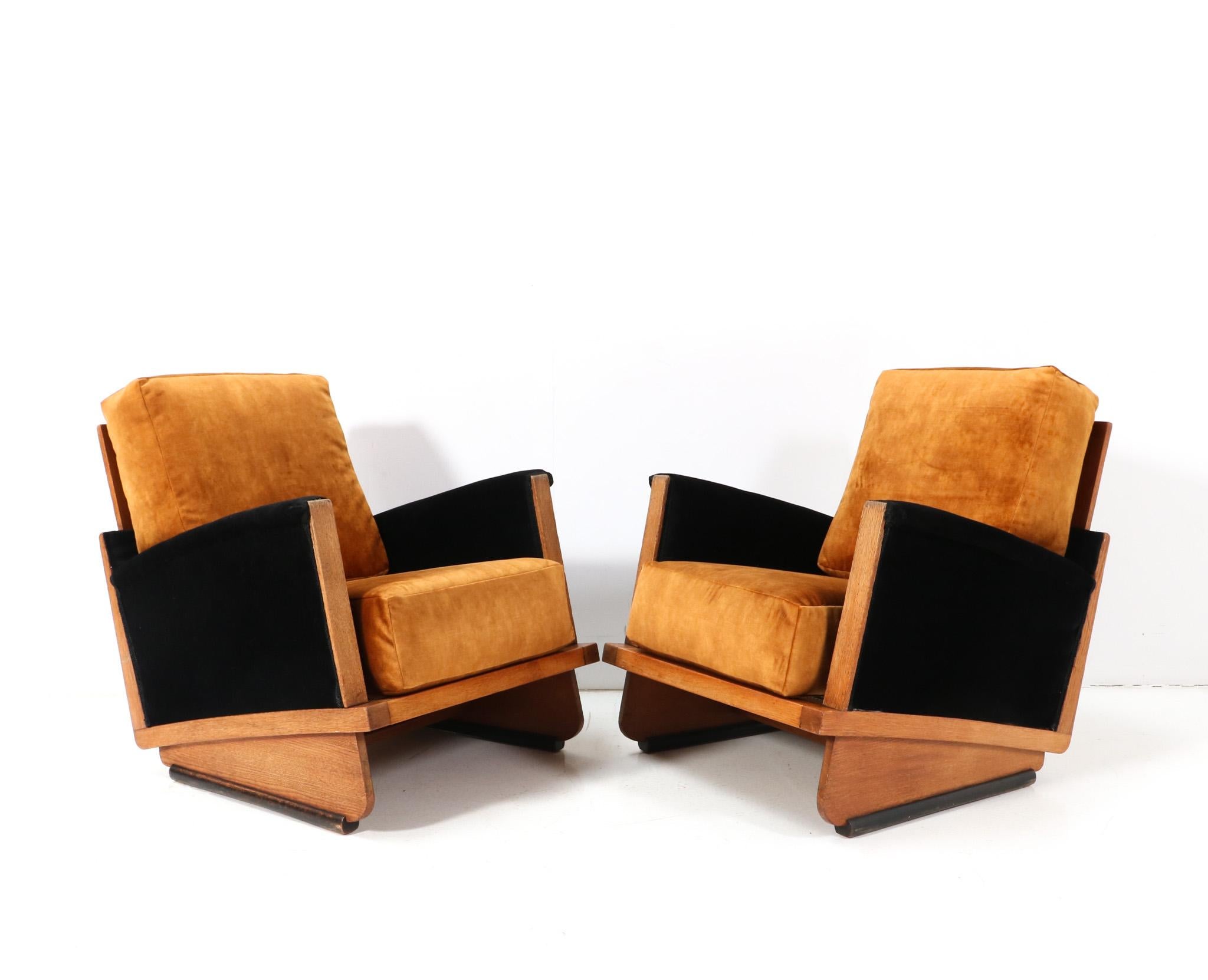 Dutch Two Oak Art Deco Modernist Lounge Chairs, 1920s