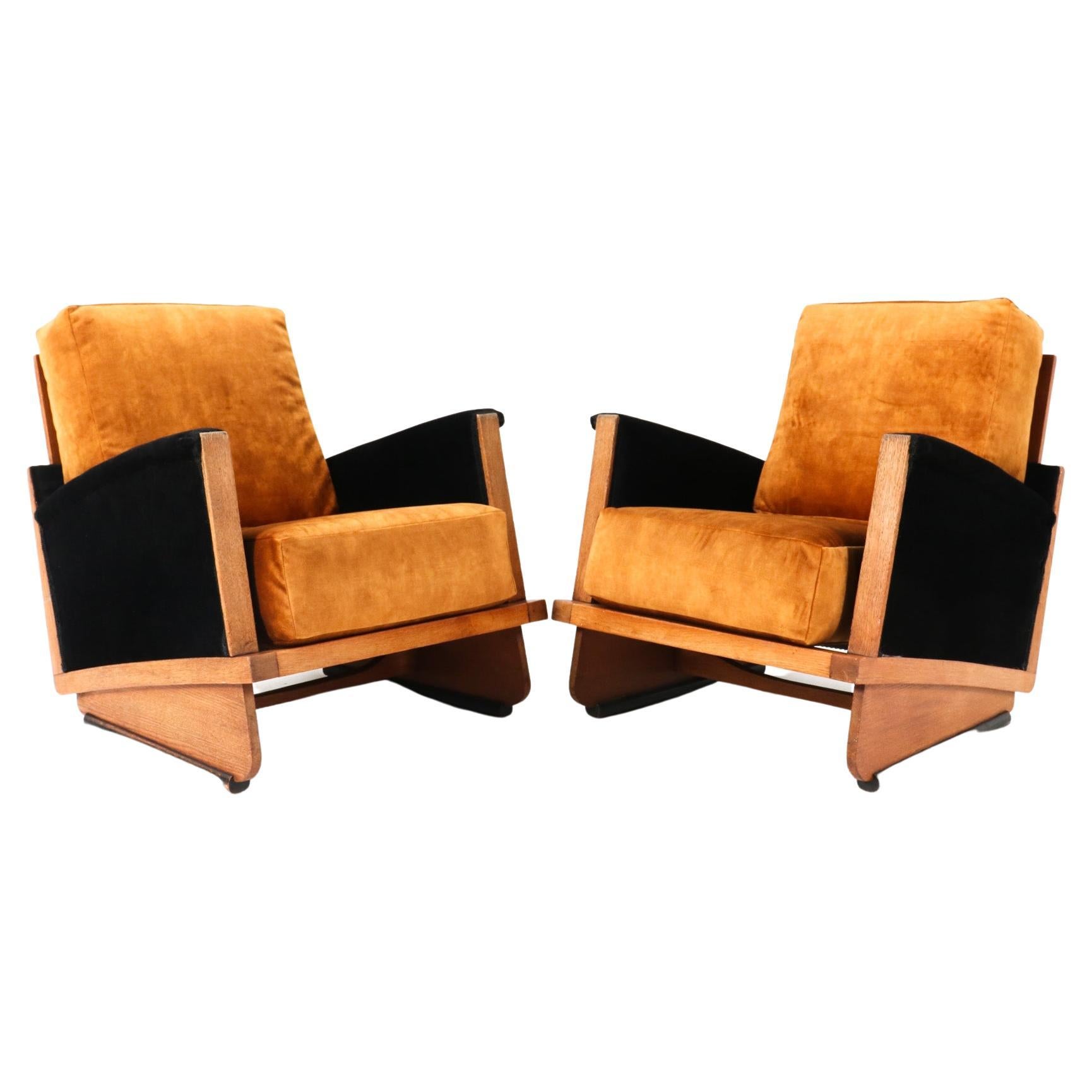 Two Oak Art Deco Modernist Lounge Chairs, 1920s