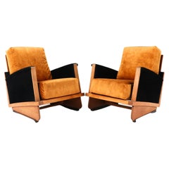 Antique Two Oak Art Deco Modernist Lounge Chairs, 1920s