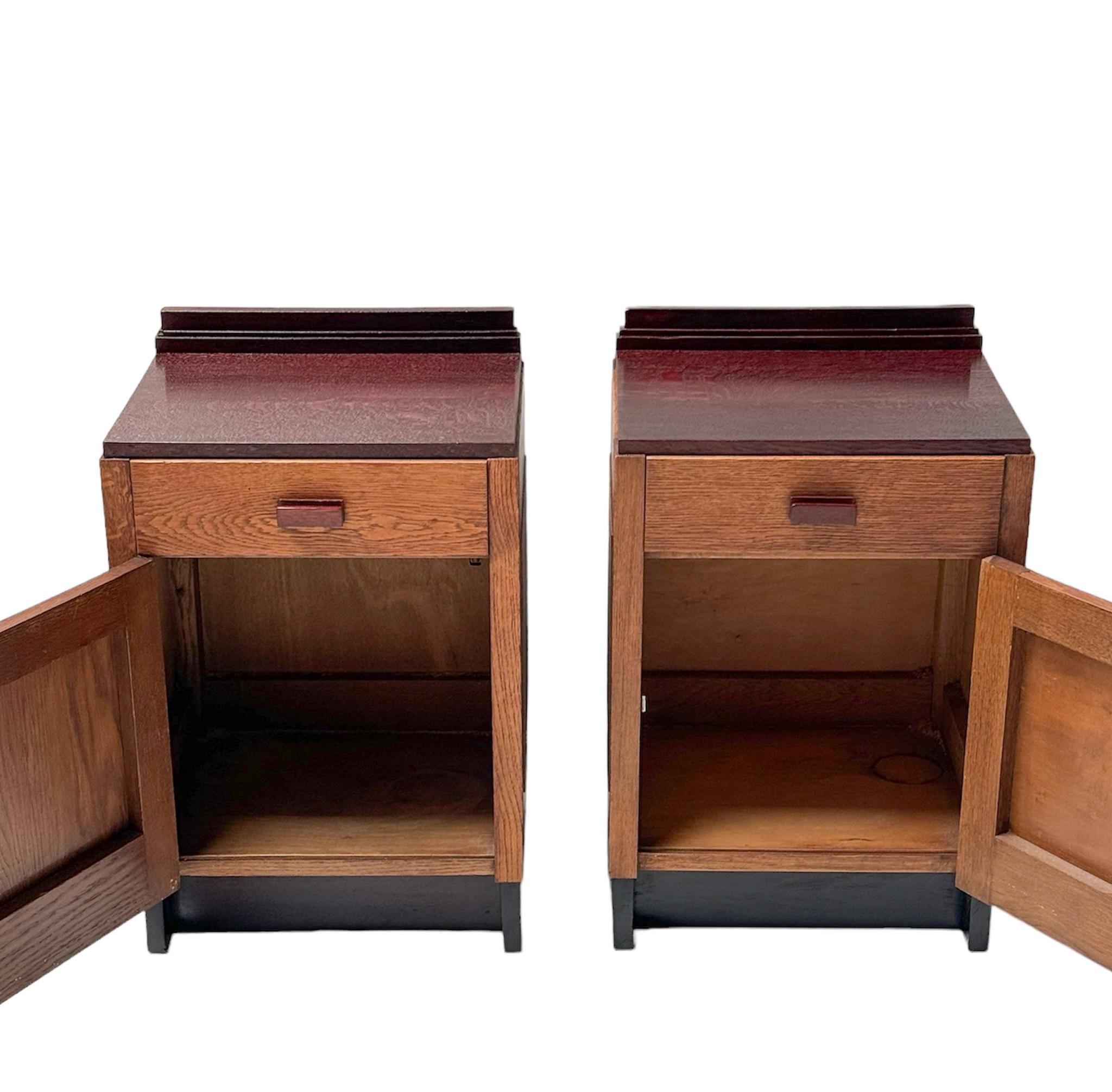 Early 20th Century Two Oak Art Deco Modernist Nightstands or Bedside Tables, 1920s For Sale