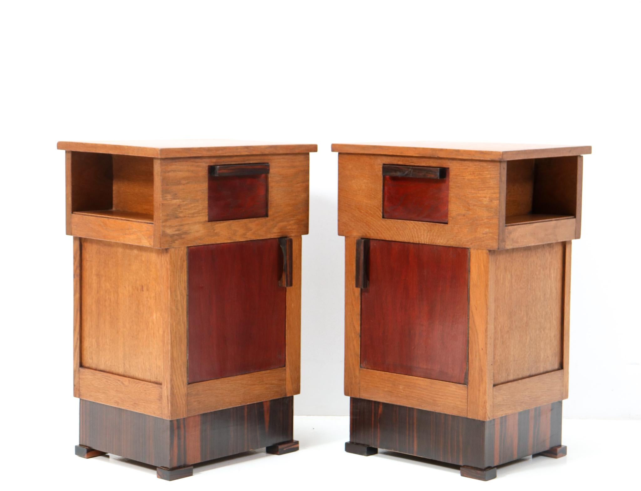 Macassar Two Oak Art Deco Modernist Nightstands or Bedside Tables, 1920s