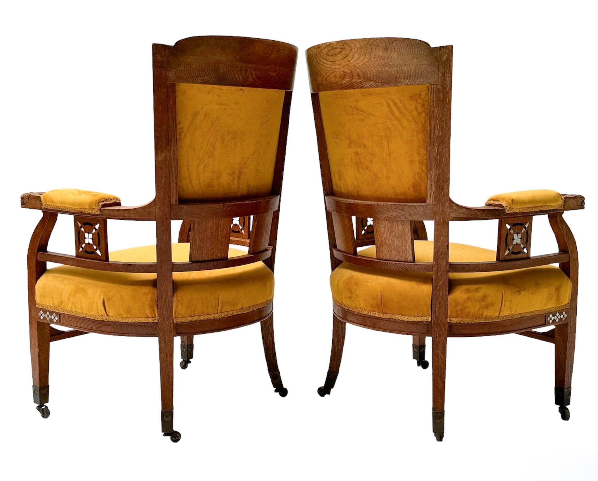 Velvet Two Oak Art Nouveau Arts & Crafts Armchairs by H.F. Jansen & Zonen Amsterdam For Sale