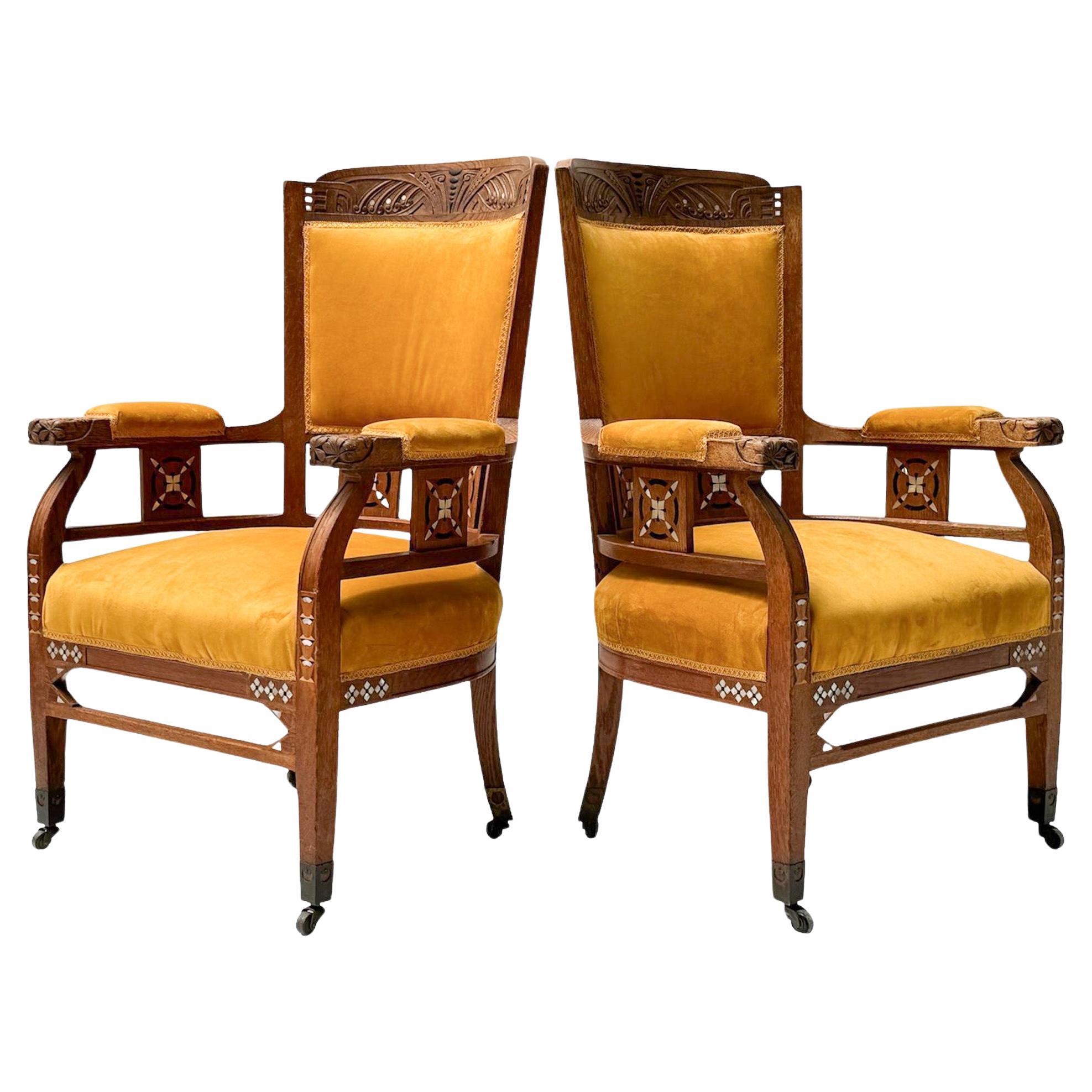 Two Oak Art Nouveau Arts & Crafts Armchairs by H.F. Jansen & Zonen Amsterdam For Sale