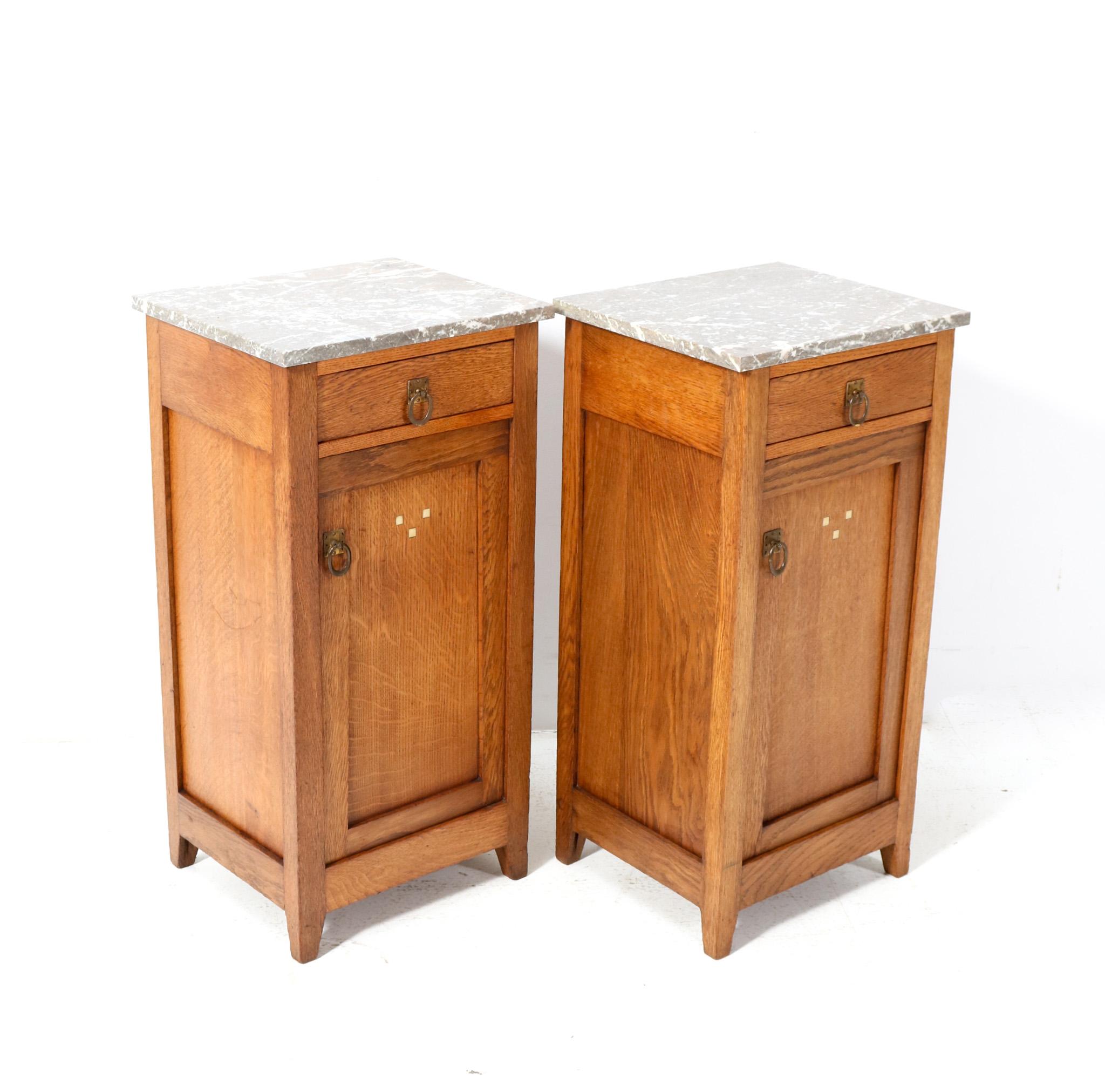 Two Oak Art Nouveau Arts & Crafts Bedside Tables or Nightstands, 1900s 1